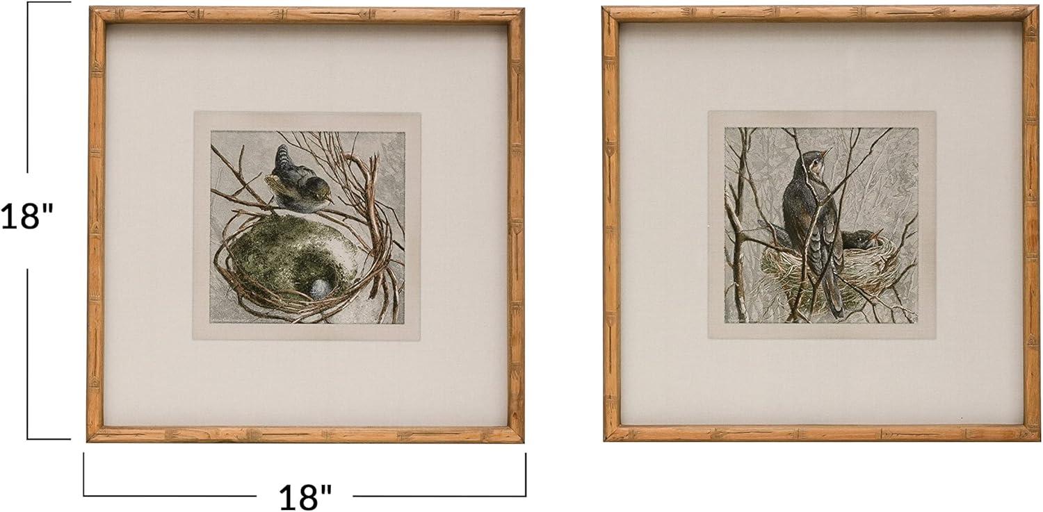 Storied Home (Set of 2) 18" Square Wood Framed Wall Arts with Bird and Nest : Modern Decor, Sawtooth Back Mount