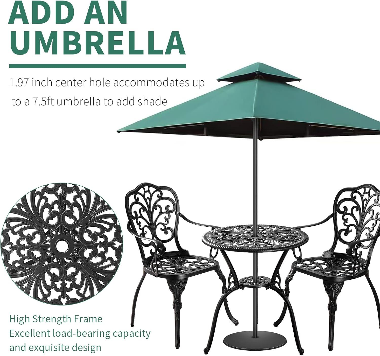 PATIO-IN 3 Piece Bistro Set Cast Aluminum Bistro Table and Chairs Set of 2 with Umbrella Hole,Patio Furniture Sets for Front Porch,Garden