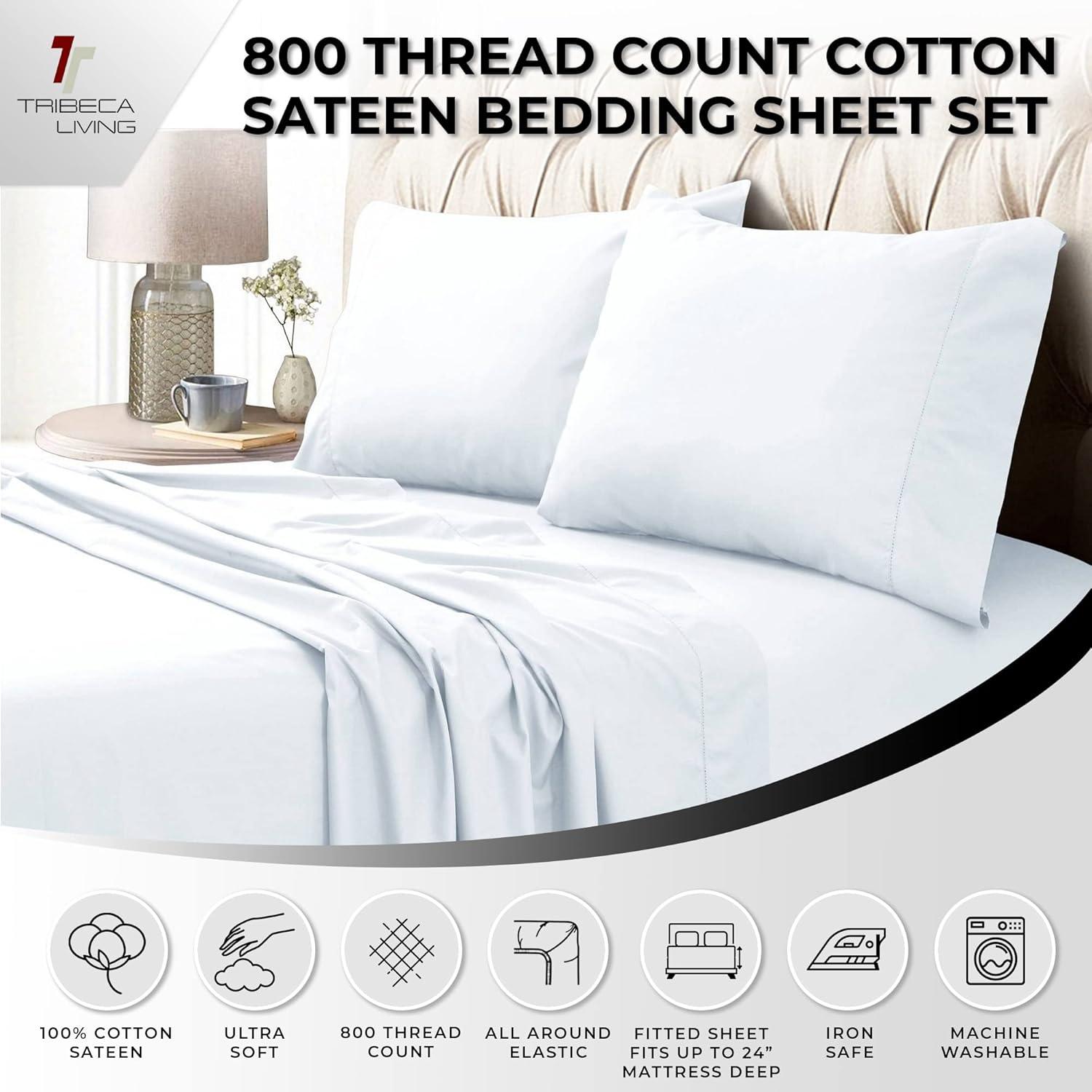 Tribeca Living Egyptian Cotton 800 Thread Count Deep Pocket Bed Sheet Set White Queen Modern & Contemporary, Casual