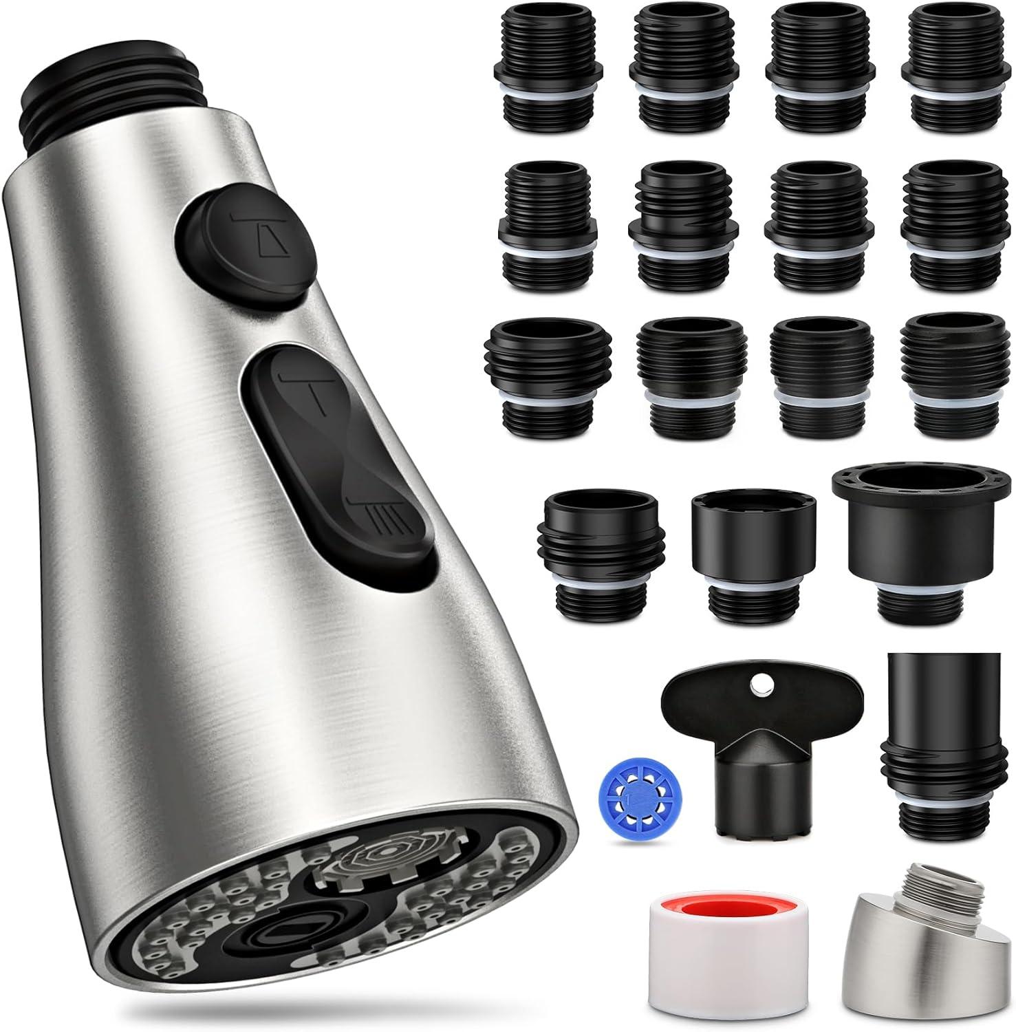 2024 New Pull Down Kitchen Faucet Head Replacement for Kitchen Faucet, 3-Modes & 7 Adapters Brushed Nickel Finished