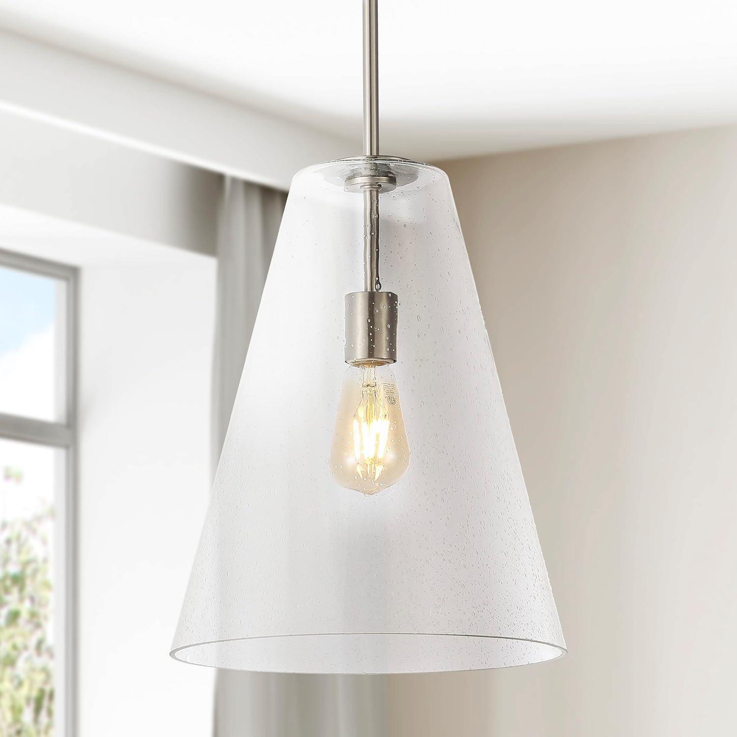 Arlo 11.5" 1-Light Mid-Century Modern Iron/Seeded Glass LED Pendant, Nickel/Clear