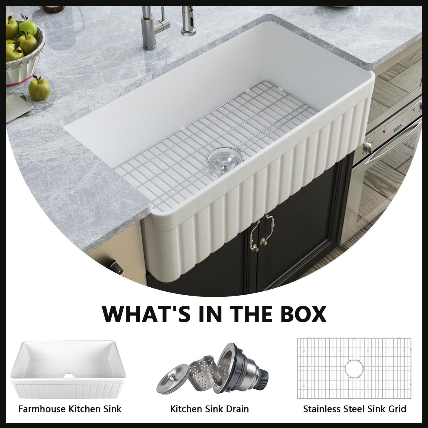 Solstice 33" L x 18" W Fireclay Farmhouse Kitchen Sink with Sink Grid and Basket Strainer