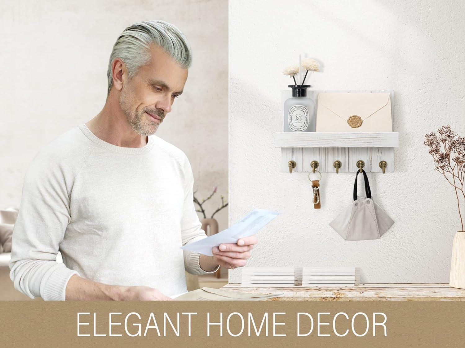 Rebee Vision Key Holder Wall Mount - Decorative Key and Mail Organizer for Wall with Shelf - Entryway and Living Room Decor(White)