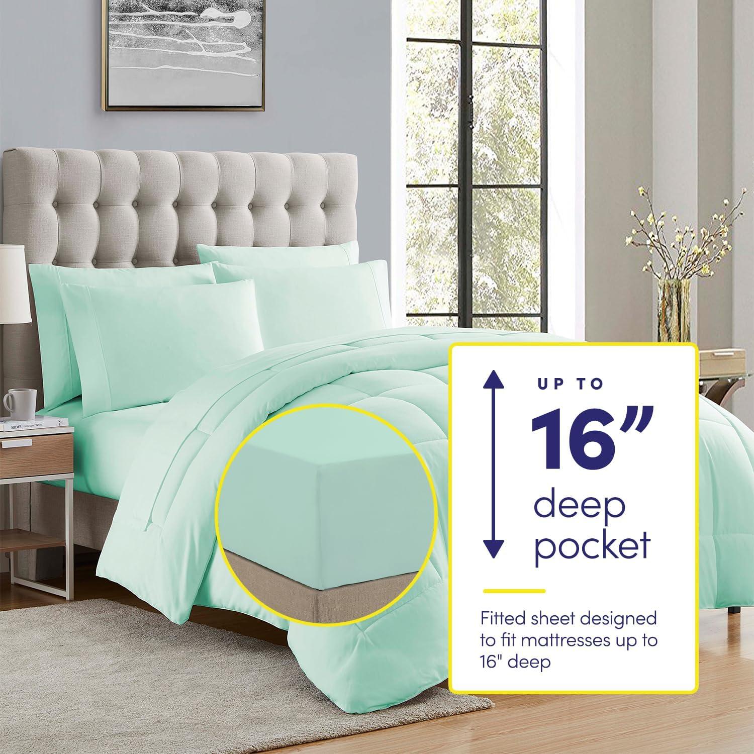 Bed-in-A-Bag Solid Color Comforter & Sheet Set Soft All Season Bedding, Twin, Mint