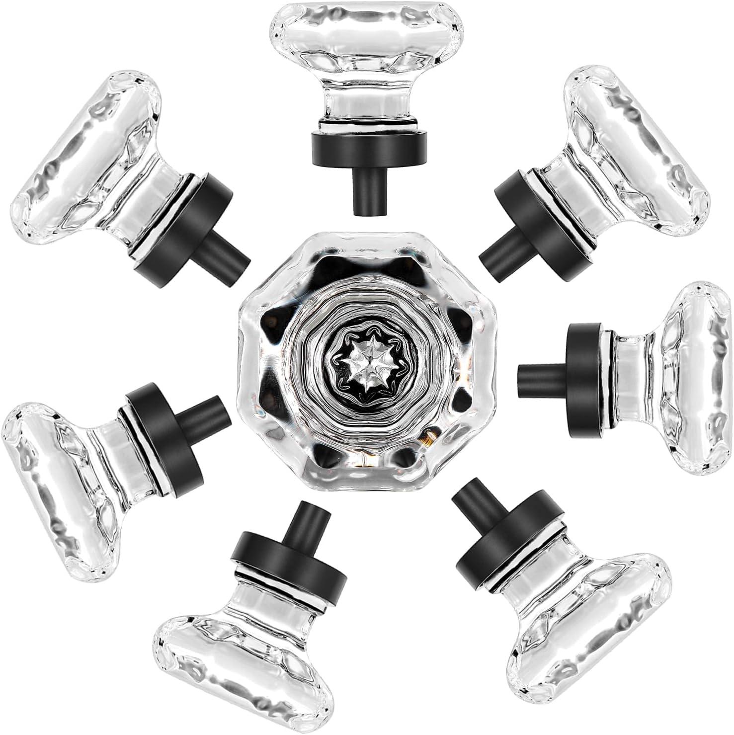 8 Pcs Crystal Cabinet Knobs, Glass Cabinet Knobs for Dresser Drawers, Kitchen Drawer Pulls Black Matte, Octagon