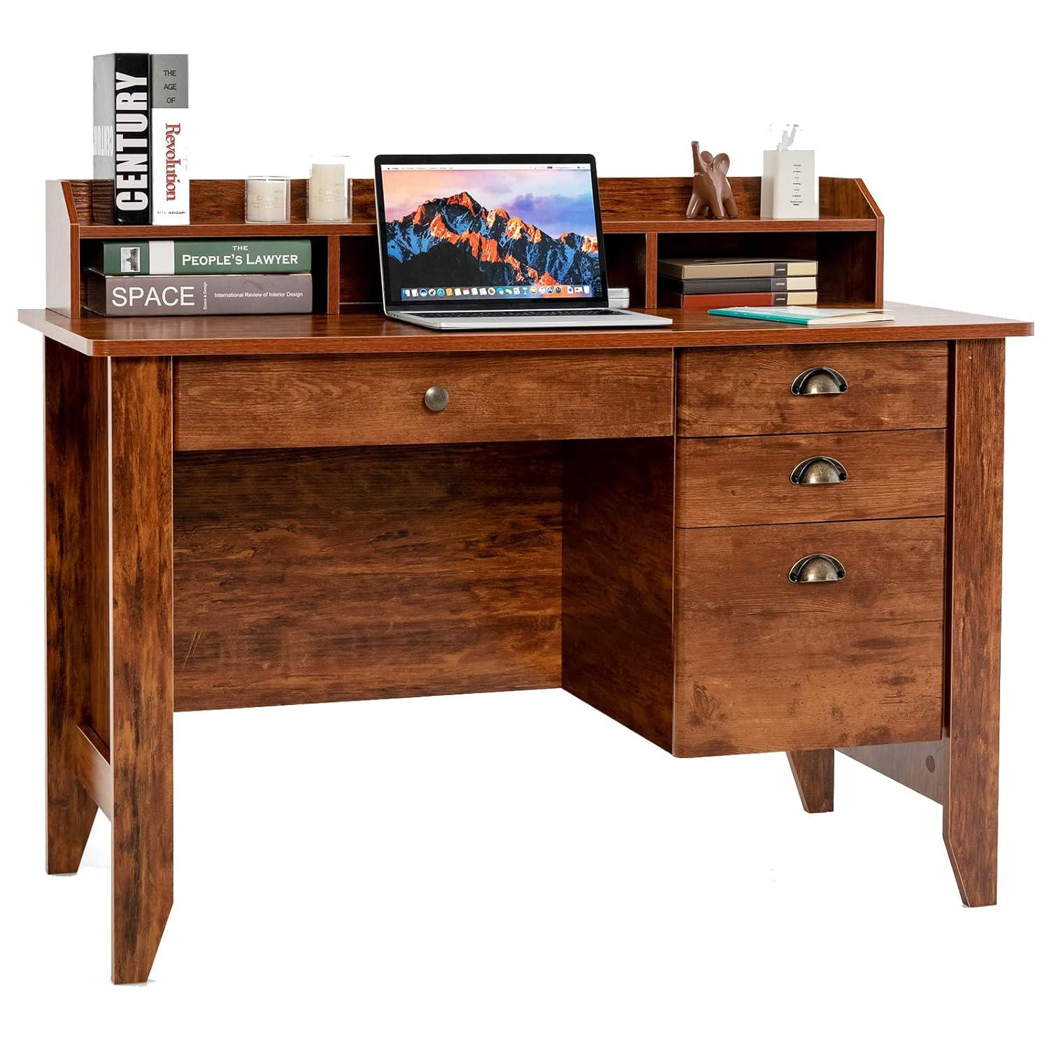 GVN Vintage Computer Desk with Storage Shelves and 4 Drawers-Rustic Brown, Desk for Bedroom, Gaming Computer Desks for Study,Working,Writing