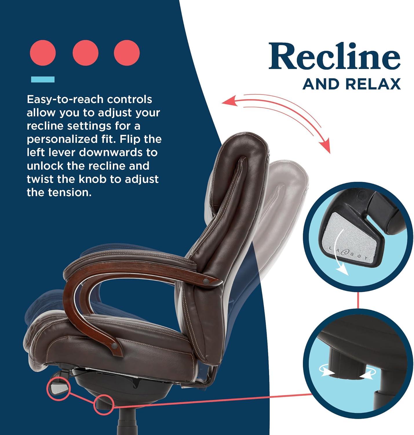 La-Z-Boy La-Z-Boy Bellamy Executive Office Chair with Memory Foam Cushions, Real Wood Arms and Swivel Base, Waterfall Seat Edge, Faux Bonded Leather