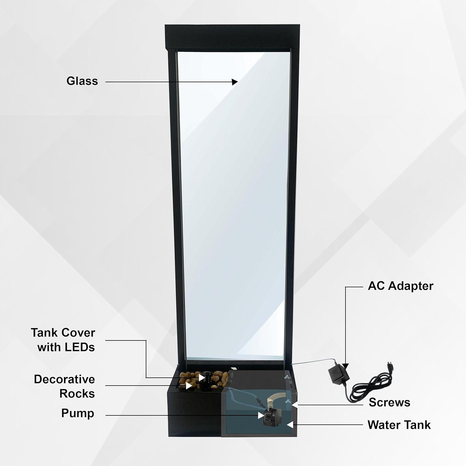 XBrand 68" H Freestanding Modern Indoor/Outdoor Waterfall Fountain w/ Decorative Rocks, LED Lights & Auto-Shut Off Pump, Aluminum/Clear Glass, Black