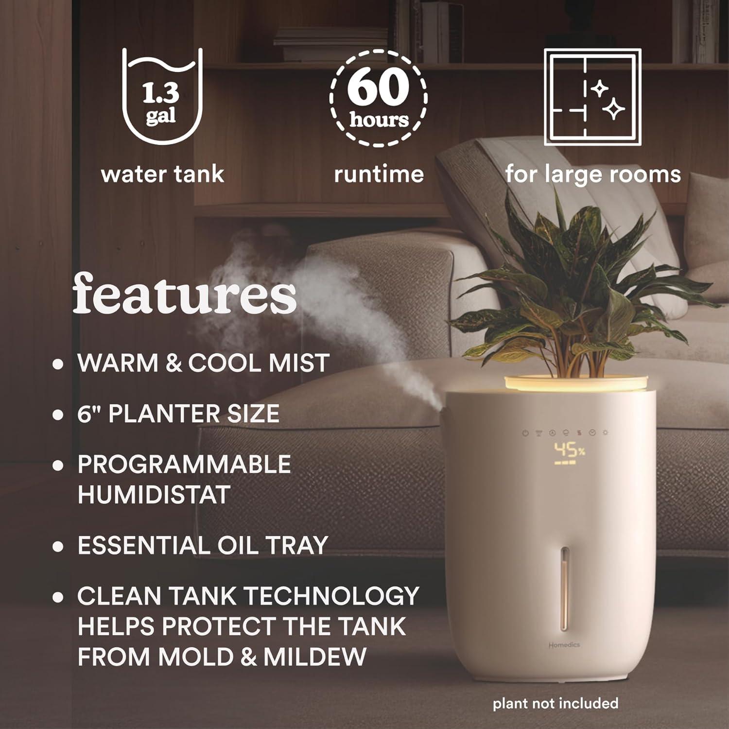 HoMedics Top-Fill Easy to Clean Warm/Cool Mist Ultrasonic Humidifier with Small Planter and Aromatherapy: 1.3 Gal, 60 Hr Run, No Filter