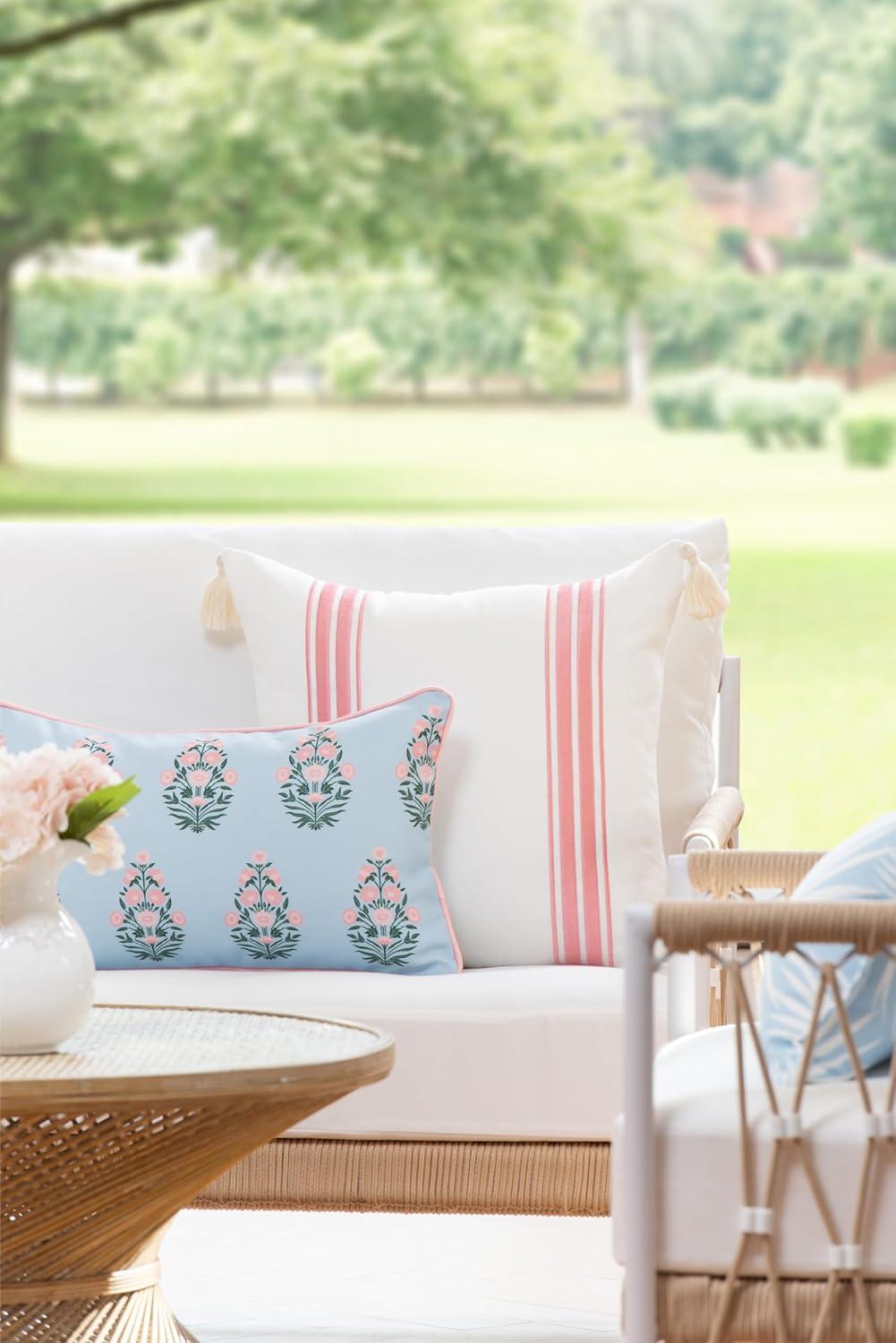 Hofdeco Premium Coastal Patio Indoor Outdoor Throw Pillow Cover Only, 20"x20" Water Repellent for Backyard, Couch, Blush Pink Embroidered Stripes with Tassels