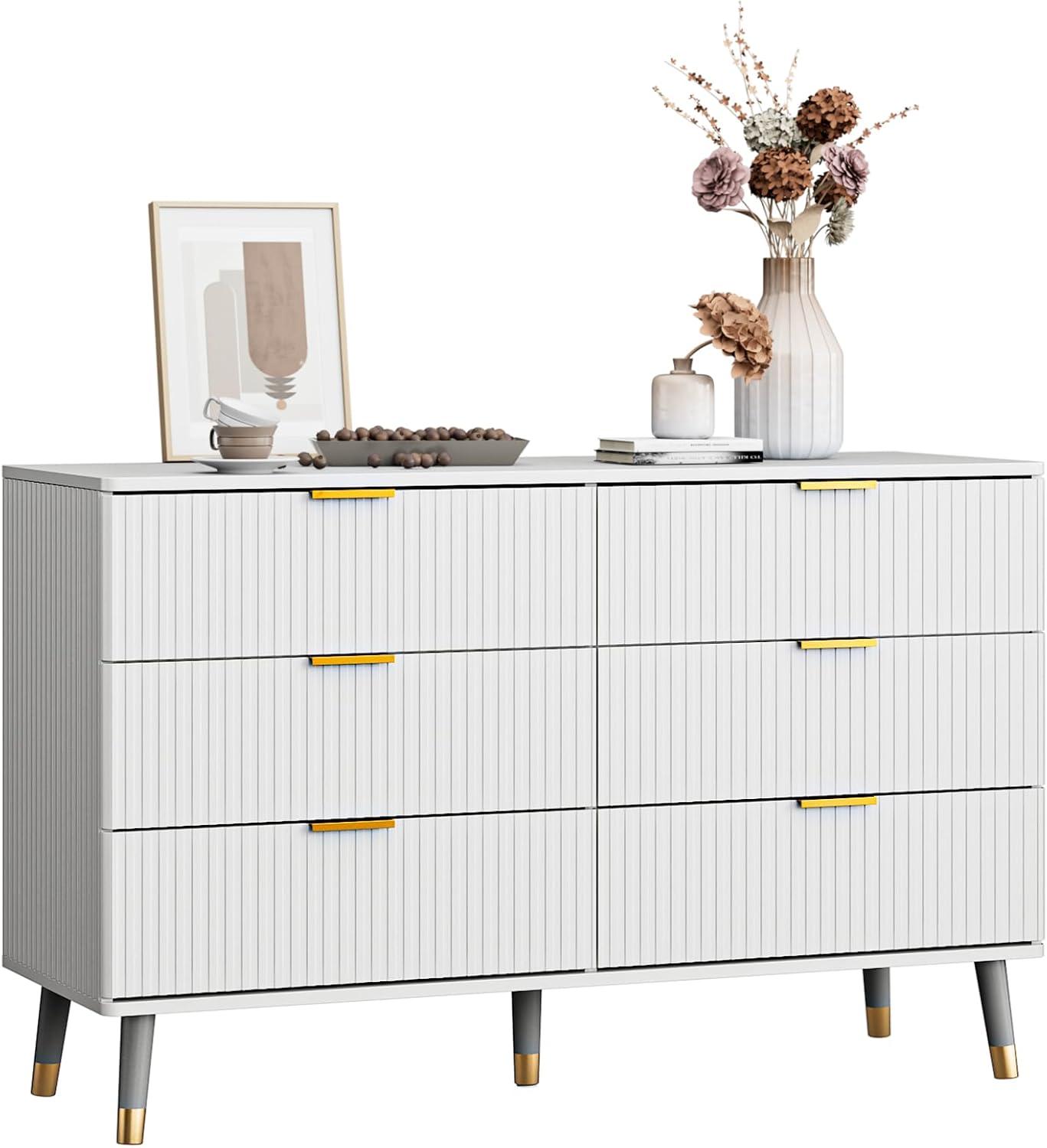 6 Drawer Dresser for Bedroom,Modern Bedroom Dresser,Fluted White and Gold Dresser with Curved Profile Design