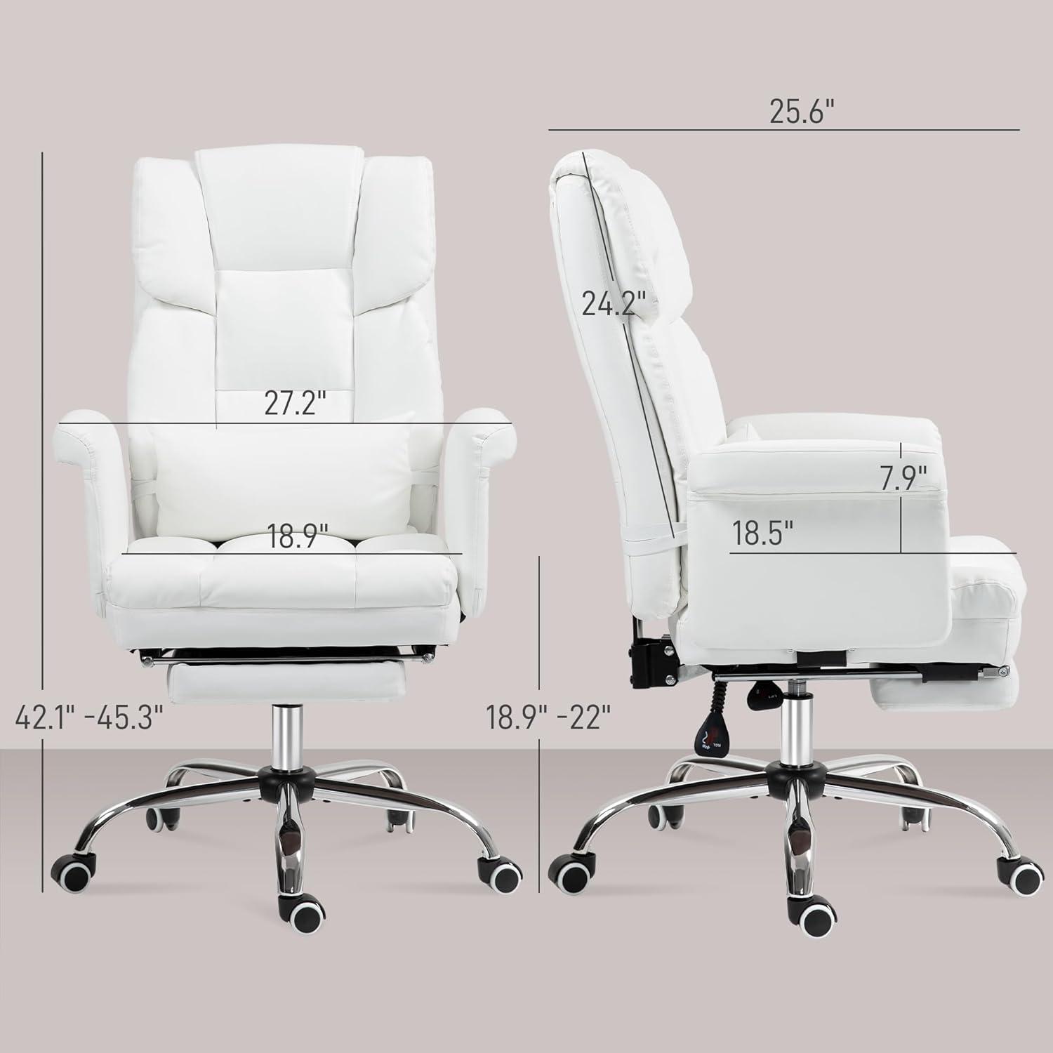 HOMCOM Executive Office Chair with Footrest and Lumbar Support, PU Leather Office Desk Chair, Ergonomic, Reclining and Swivel Chair, White