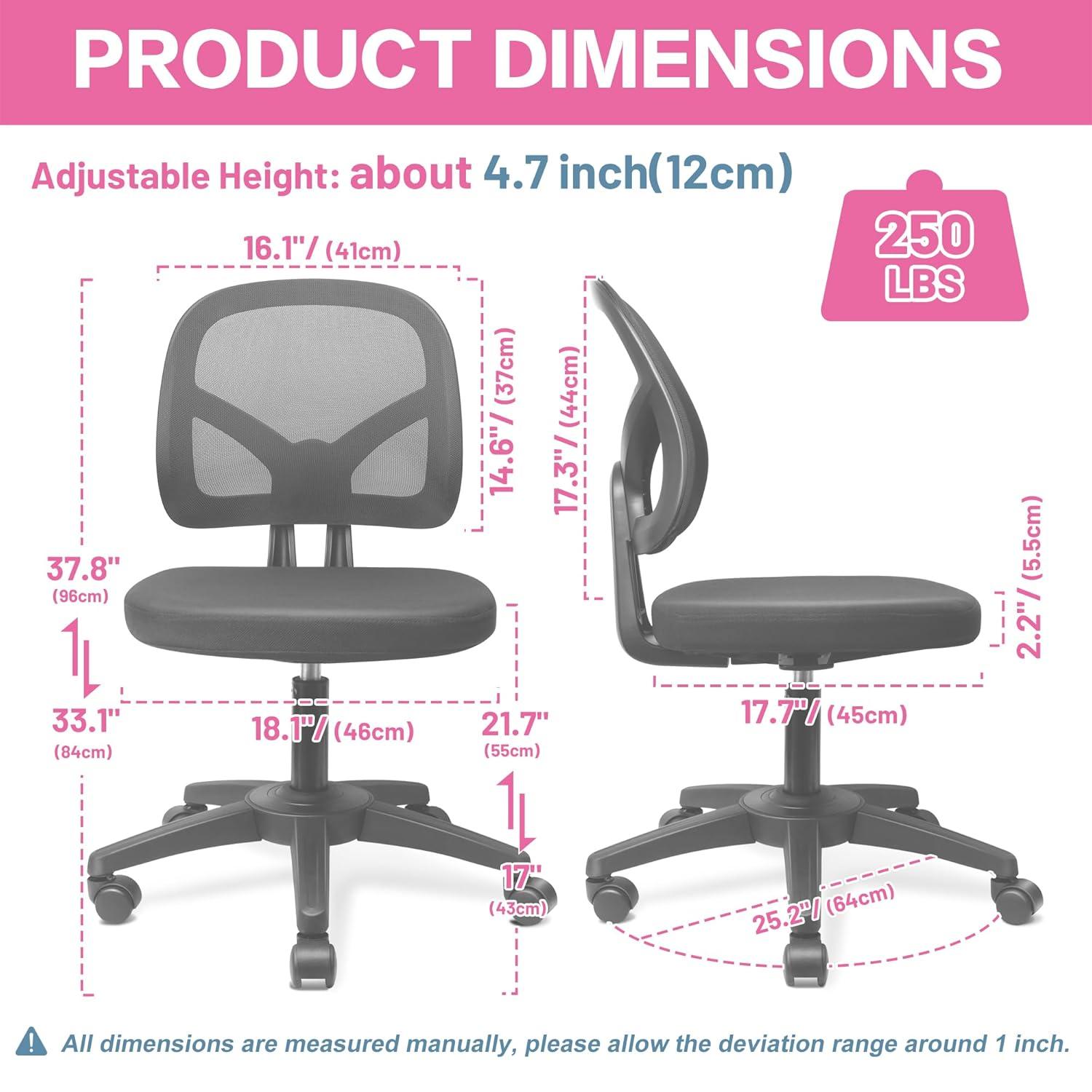 Mesh Office Chair Ergonomic Small Desk Chair No Arms Black Swivel Computer Chair with Wheels Task Chair for Small Spaces Mid Back Home Office Chair for Adults and Kids
