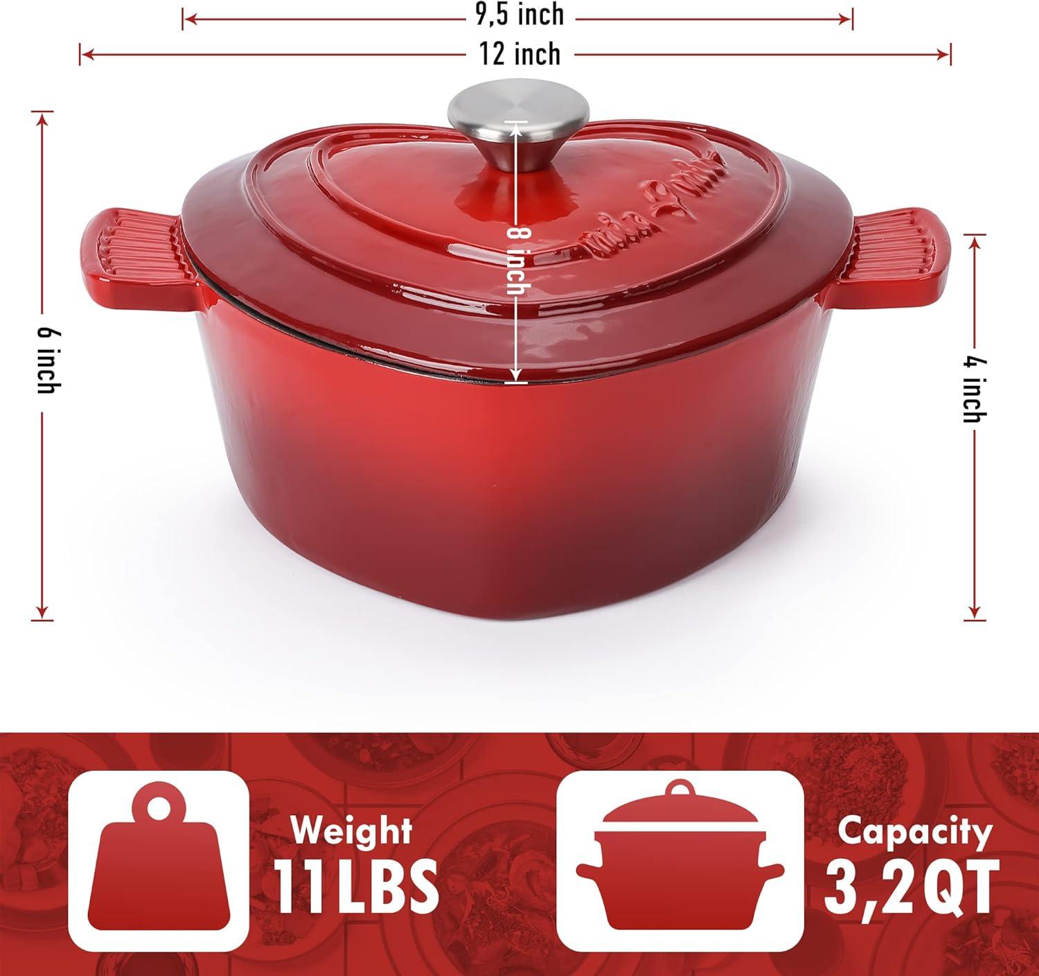 Heart-Shaped Red Enameled Cast Iron Dutch Oven, 3.2 Quart