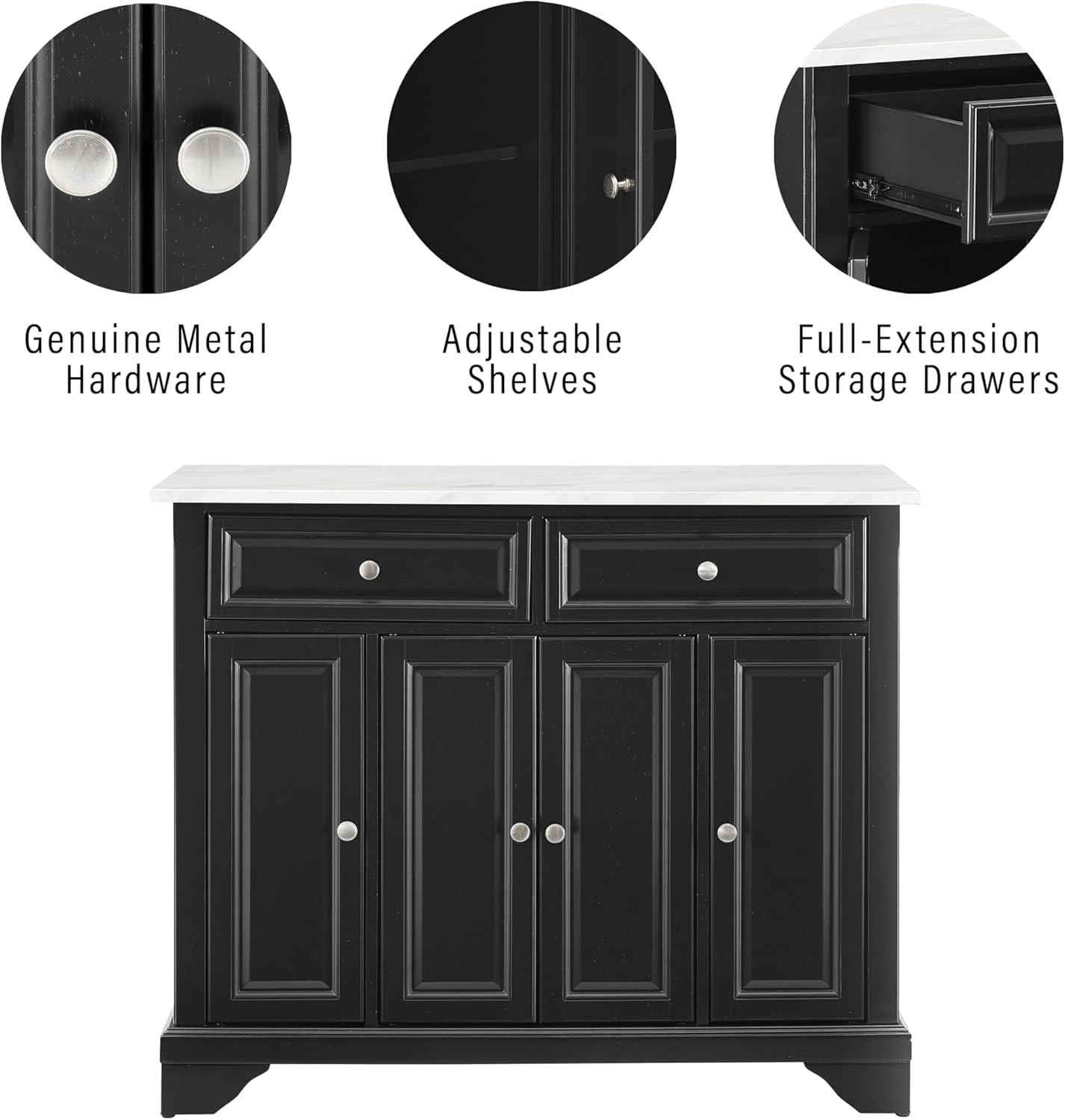 Crosley 42" Avery Kitchen Island/Cart Distressed Black/White Marble: Traditional Style, 6 Shelves, 2 Drawers, Locking Wheels