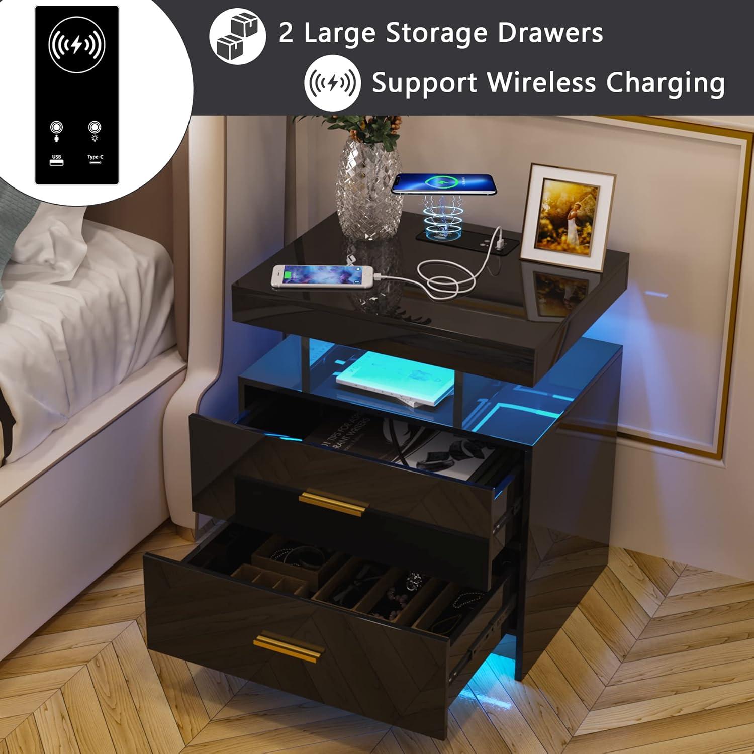 HNEBC Smart LED Nightstand with Wireless Charging & USB Ports, High Glossy Night Stand with 3 Drawers and 1 Pull-Out Tray, Modern Bedside Table with Human Sensor for Bedroom (White)