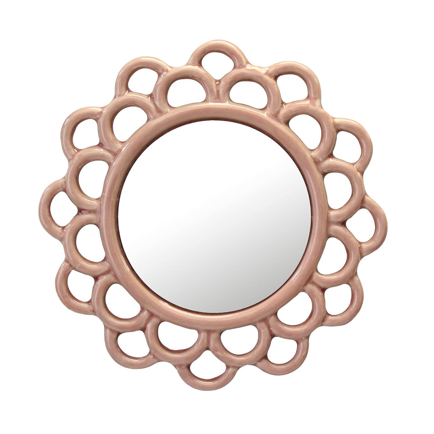9" Decorative Round Floral Ceramic Wall Hanging Mirror Pink - Stonebriar Collection: Elegant Scalloped Edge, Keyhole Hanger