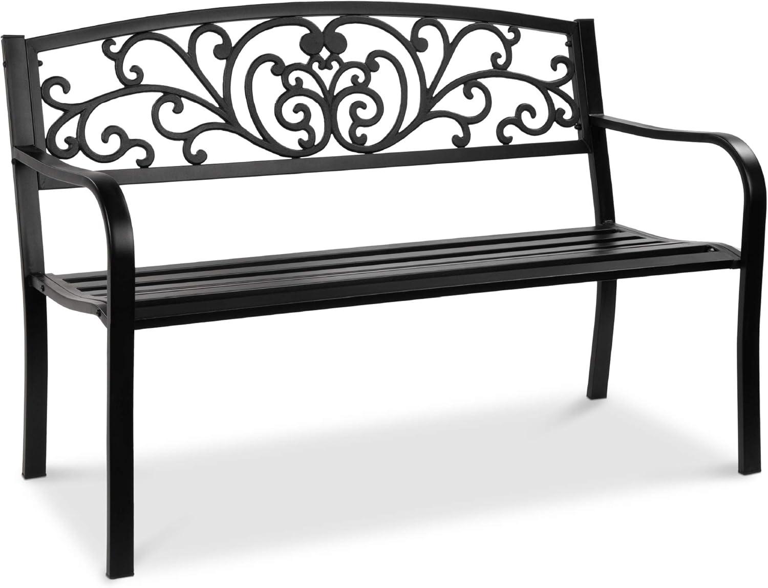 Best Choice Products Outdoor Steel Bench Garden Patio Porch Furniture w/ Floral Design Backrest, Slatted Seat