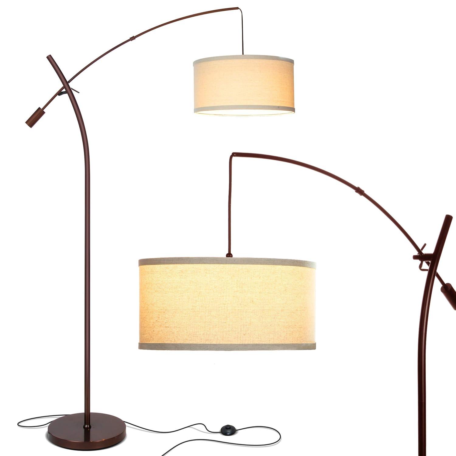 Brightech Grayson 84" Mid-Century Modern Height-Adjustable LED Arc Floor Lamp with Bronze Finish and Beige Cotton Fabric Drum Shade, Bulb Included