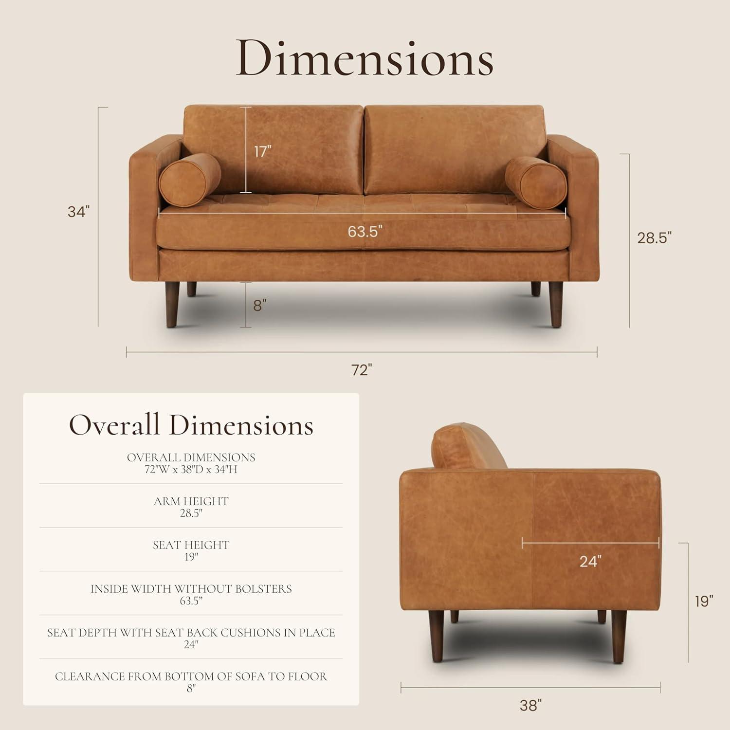 Napa 72'' Full-Grain Genuine Italian Leather Sofa