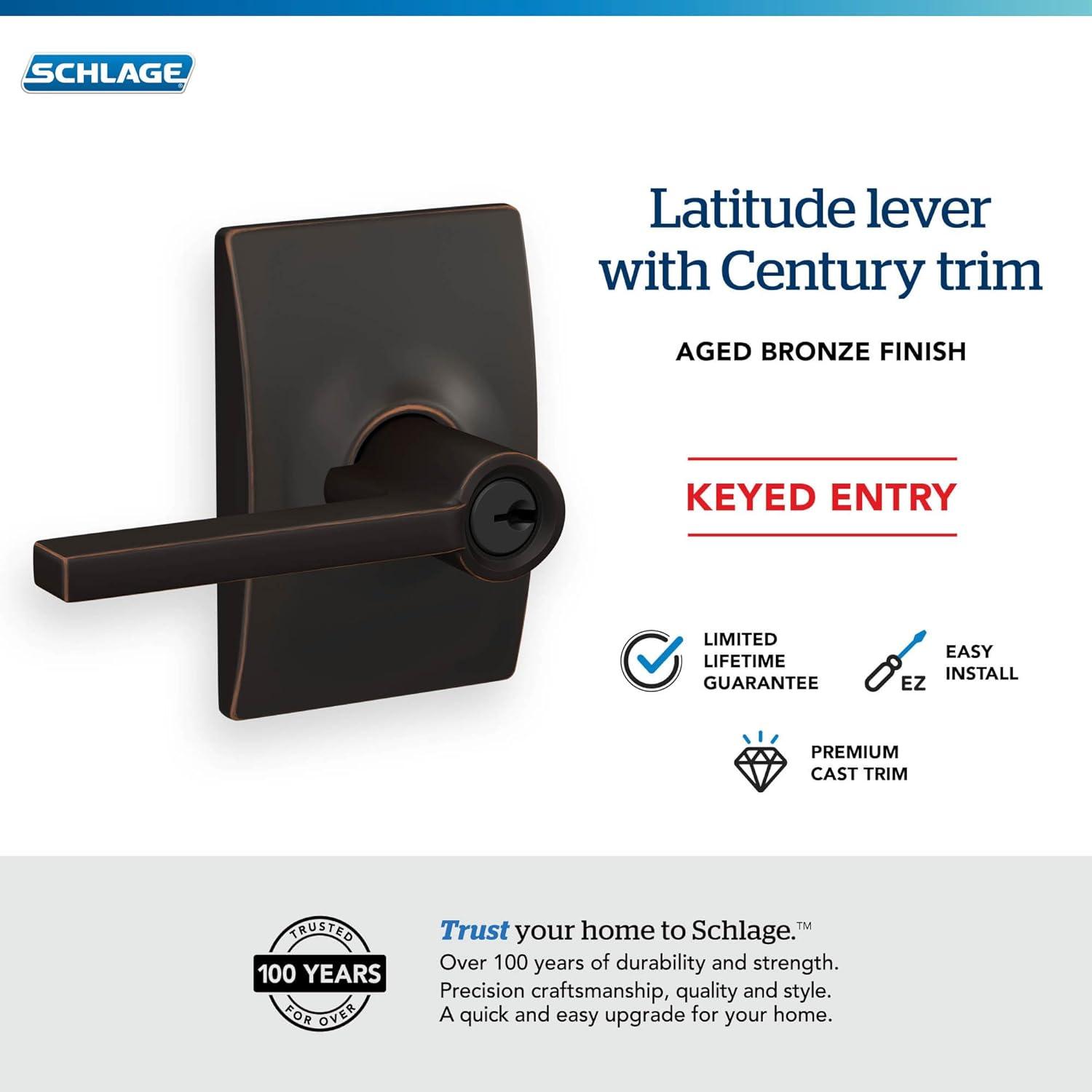SCHLAGE F51A LAT 716 CEN Latitude Lever with Century Trim Keyed Entry Lock, Aged Bronze