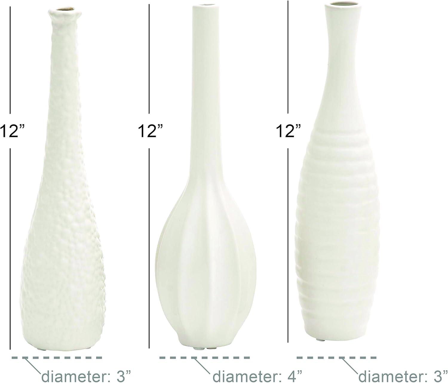 CosmoLiving by Cosmopolitan 3"W, 12"H Slim Textured Bottleneck White Ceramic Vase with Varying Patterns, Set of 3