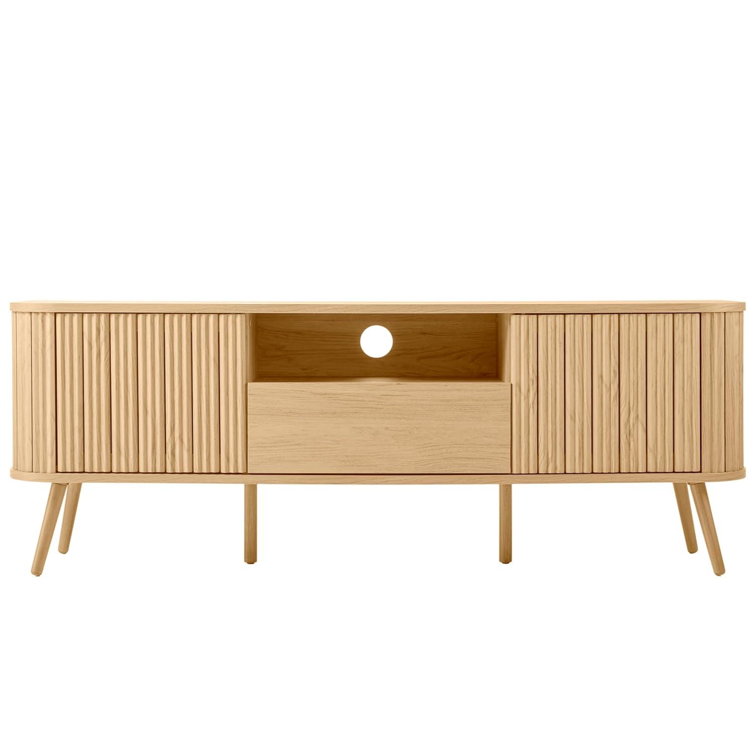 JONATHAN Y Damien 70 in. Farmhouse Curved TV Stand with Drawer and Storage Doors Fits TVs up to 75 in. with Cable Management, Oak