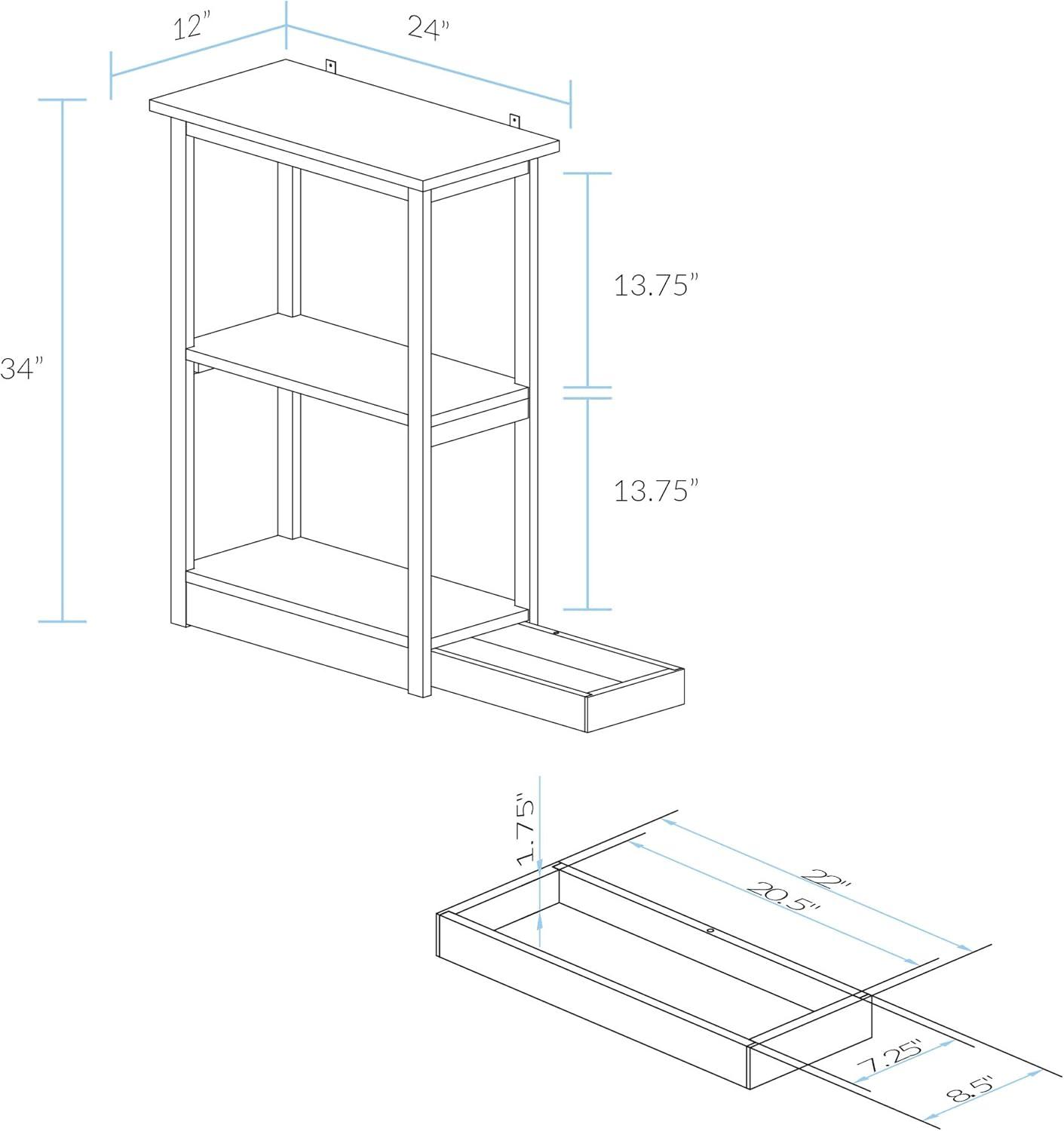 Casual Home  Adams 3-Shelf Bookcase with Concealed Sliding Track, Concealment Furniture - White