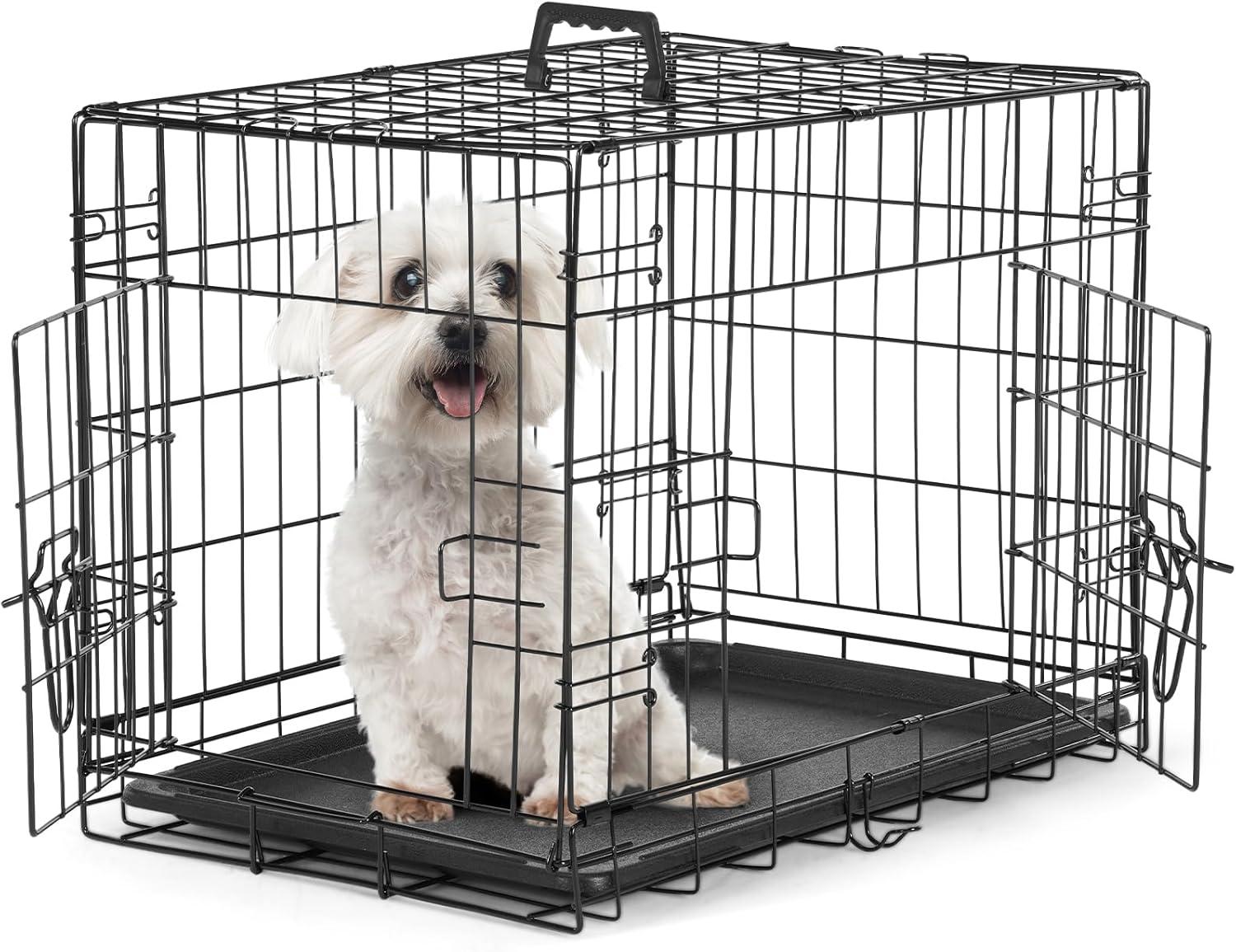 EDX Big Dog Crate with Divider Panel, 48 Inch Double Door Folding Metal Wire Dog Cage with Plastic Leak-Proof Pan Tray