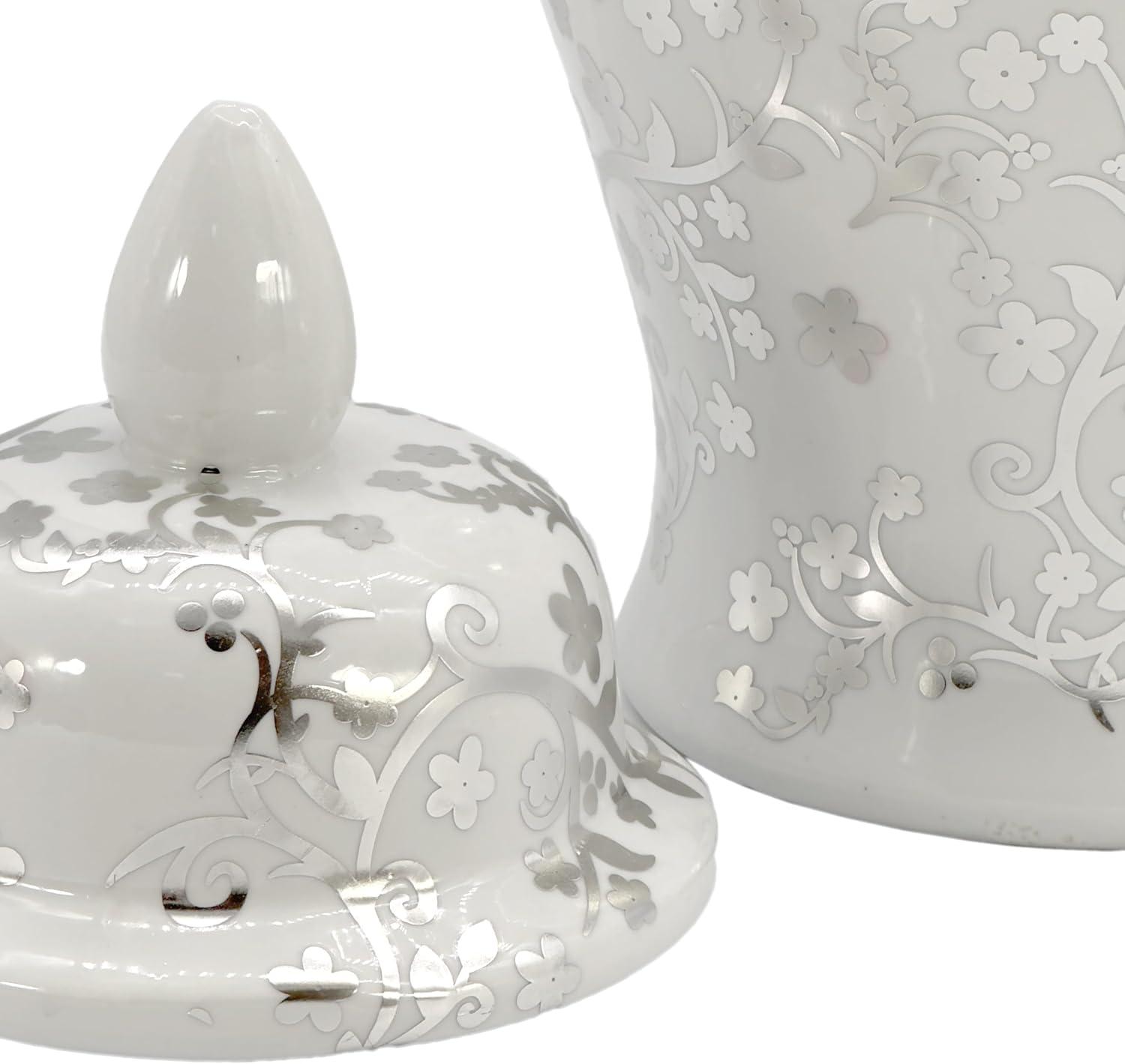 Silver and White Floral Ceramic Ginger Jar with Lid, 18"