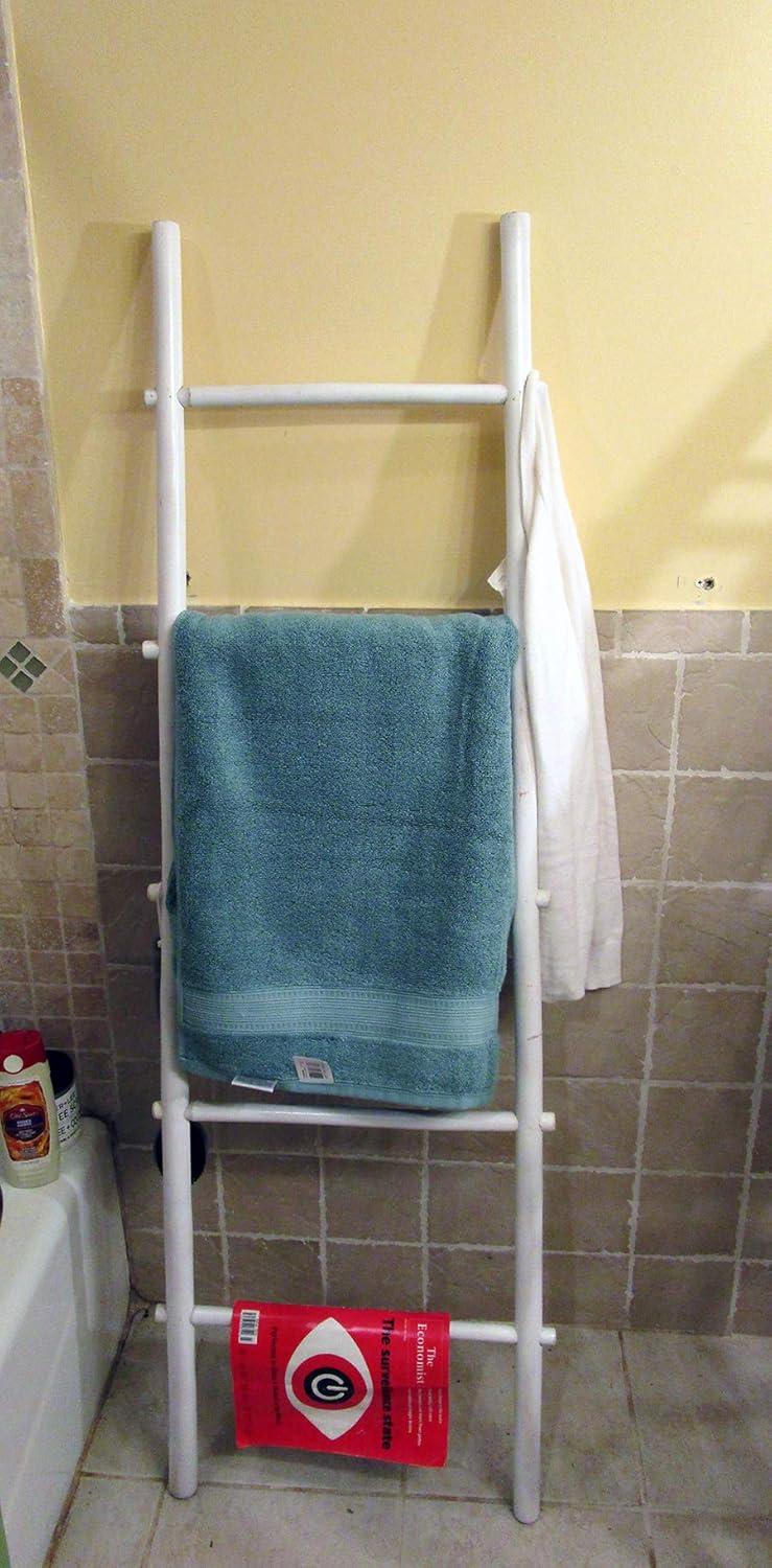 White Bamboo Ladder Towel Rack with Optional Shelf