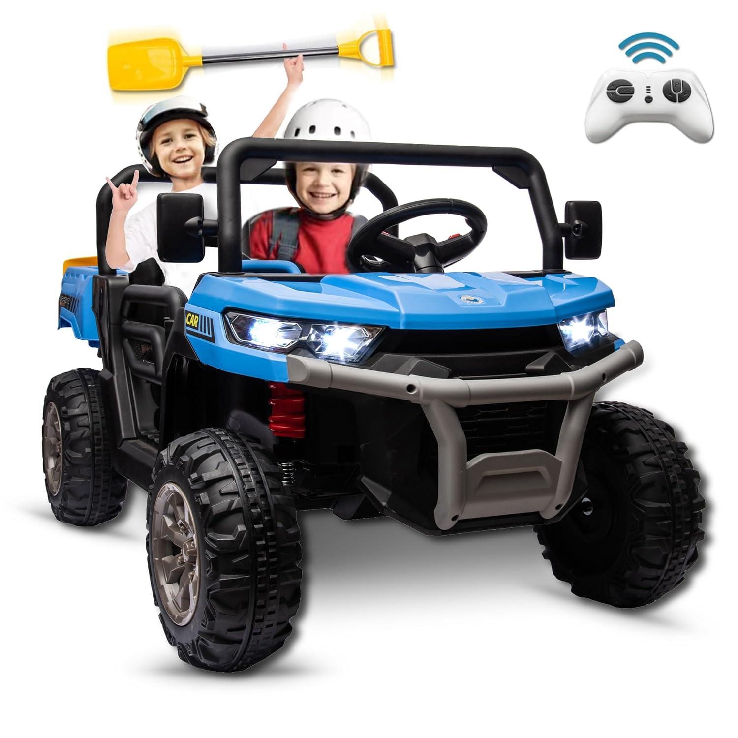Xuanlur 24V 2 Seater Kids Ride on Car Truck, Ride on UTV W/ 2x200W Motor, 24 Volt Ride on Toys W/ Dump Bed/Shovel, Electric Car for Kids W/ Durable Tires, LED Light, Music, Remote Control, Blue