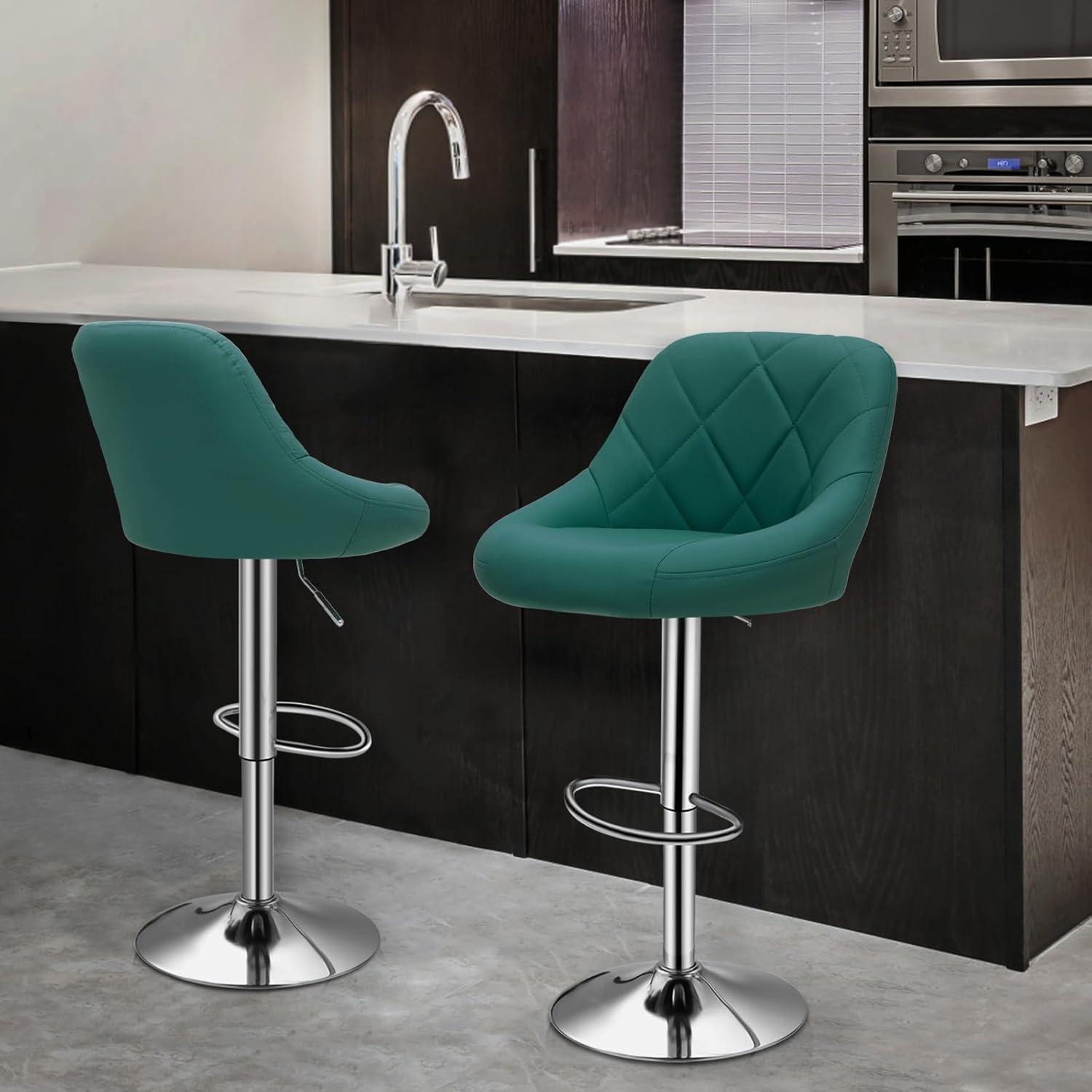 Bar Stools Set of 2, Adjustable Counter Height Swivel Barstools, Modern Dining Chairs Bar Pub High Stool with Back for Kitchen Island, Teal Green