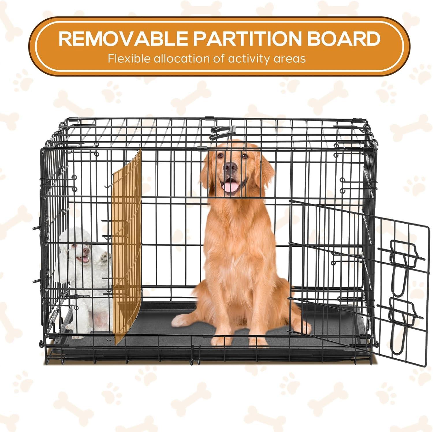 EDX Small Dog Crate with Divider Panel, 24" Double Door Folding Metal Wire Dog Cage with Plastic Leak-Proof Pan Tray