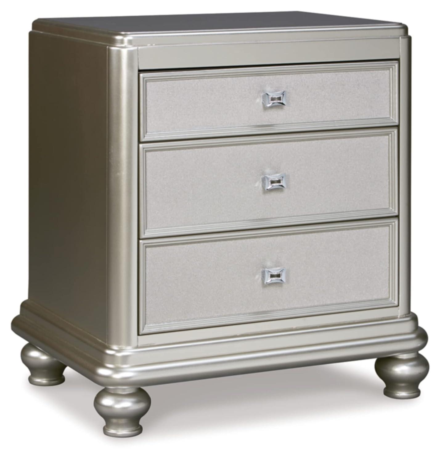Signature Design By Ashley Coralayne Glam 3 Drawer Nightstand With Faux Shagreen Drawer Fronts, Silver