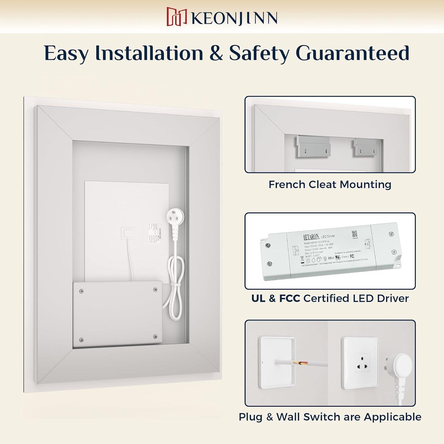 Keonjinn LED Bathroom Vanity Mirror, Front Light & Backlit, 3 Color Temperatures, Anti Fog, Double Lights Strips, 24"x32"