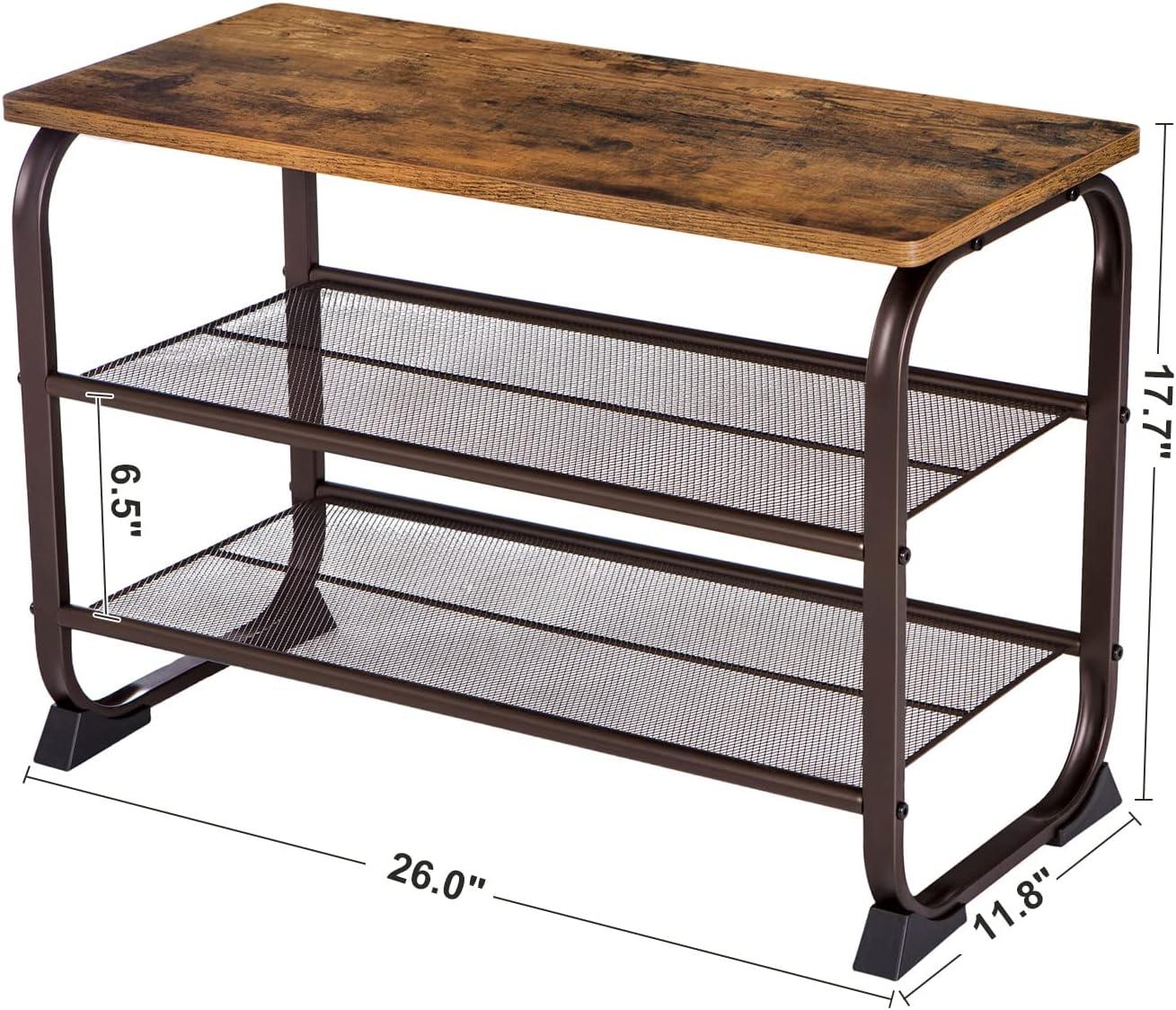 Rustic Brown Steel Frame 3-Tier Shoe Bench with Storage