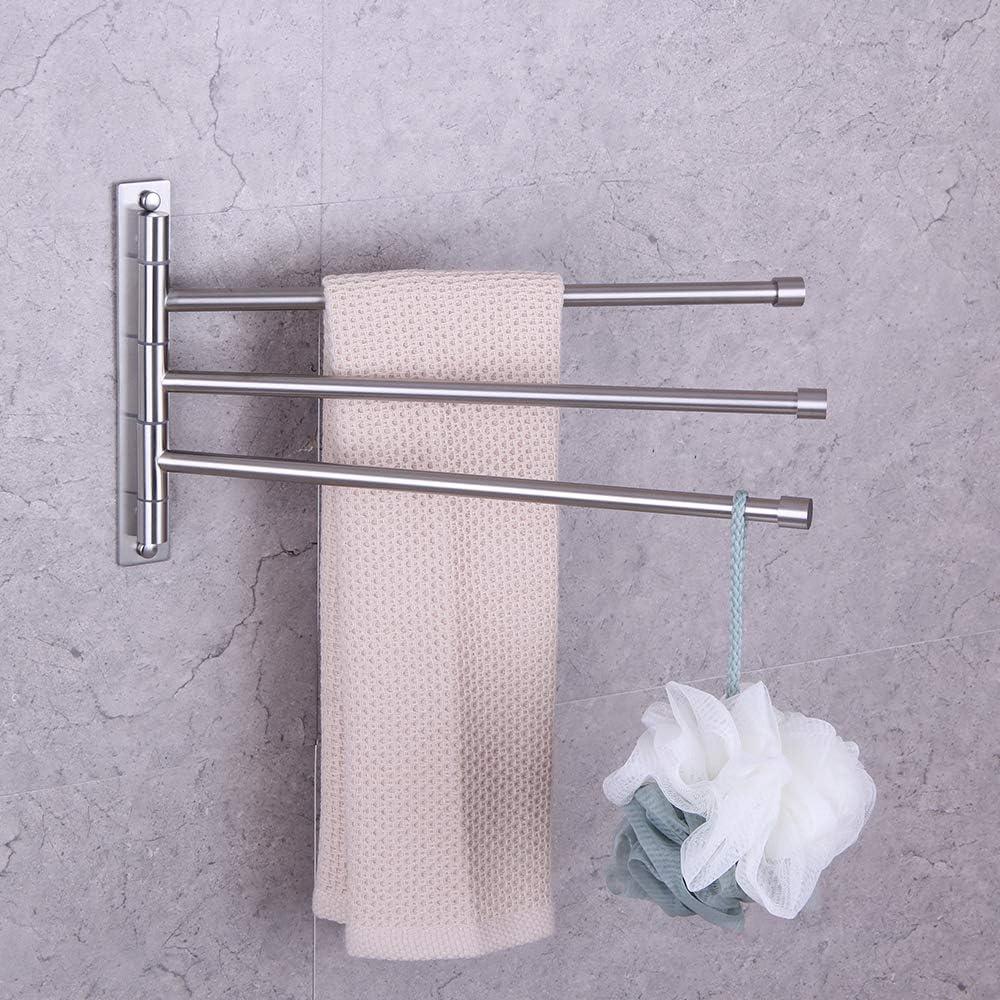 GERZWY Bath Towel Holder Swing Out Towel Bar SUS 304 Stainless Steel Bathroom Hand Towel Rack 3-Bar Folding Arm Swivel Hanger Wall Mount Brushed Finish HYG03-LS