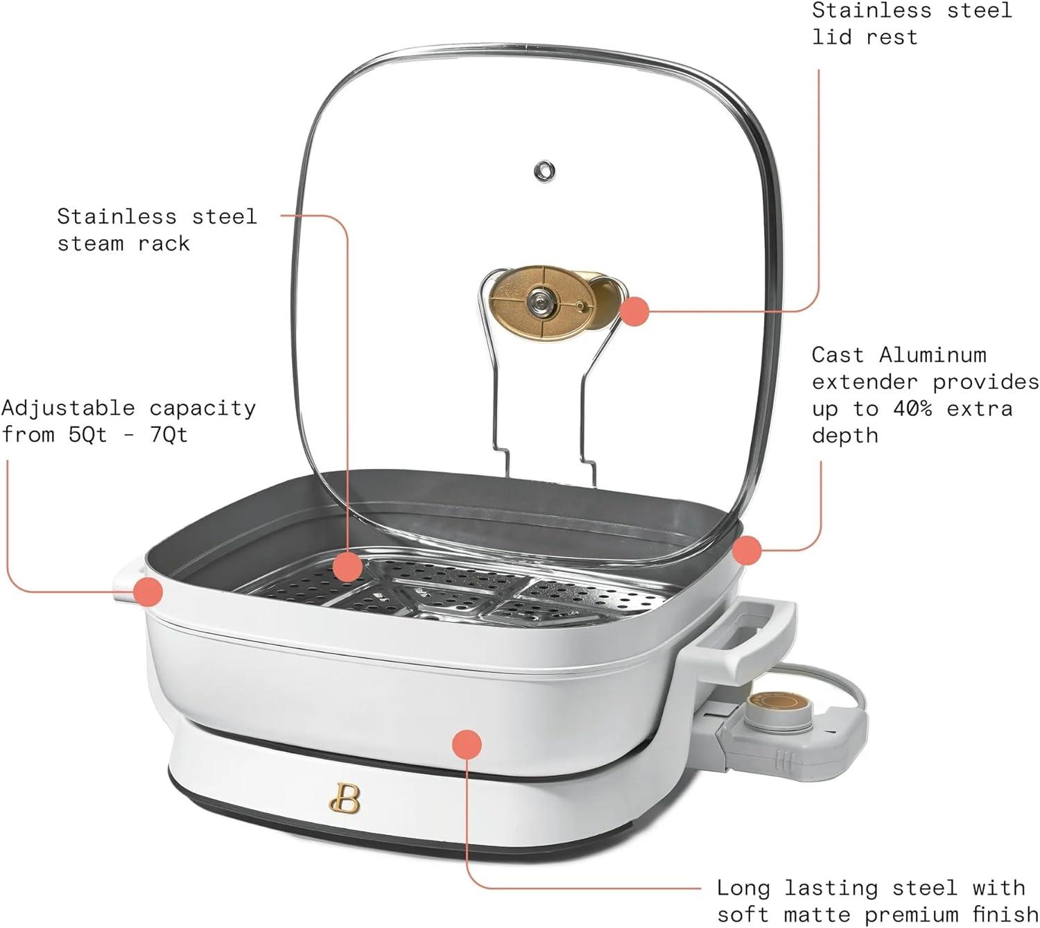Beautiful 5 in 1 Electric Skillet - Expandable up to 7 Qt with Glass Lid, White Icing by Drew Barrymore