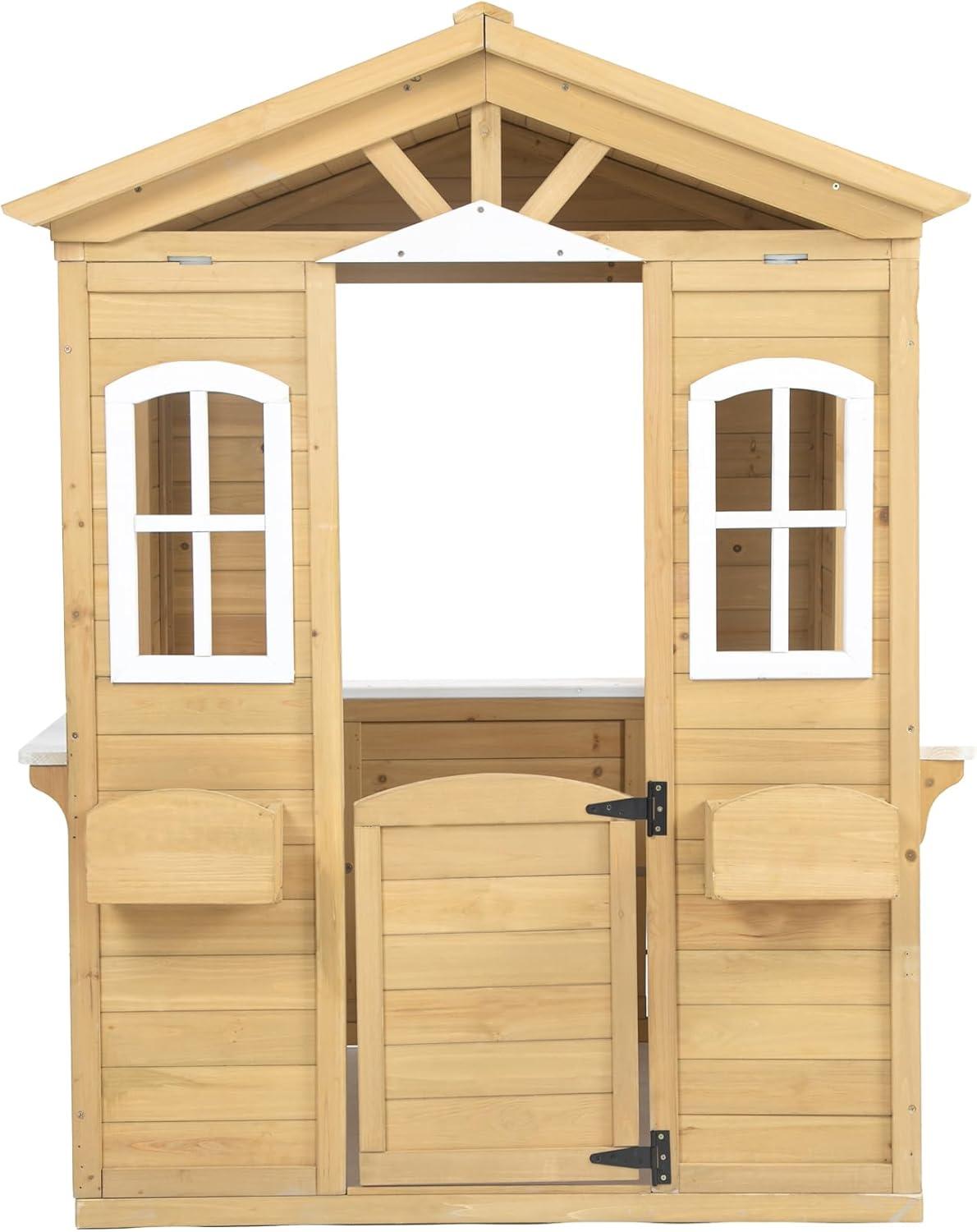 Natural Fir Wood Outdoor Playhouse with Windows and Flowerpot Holders