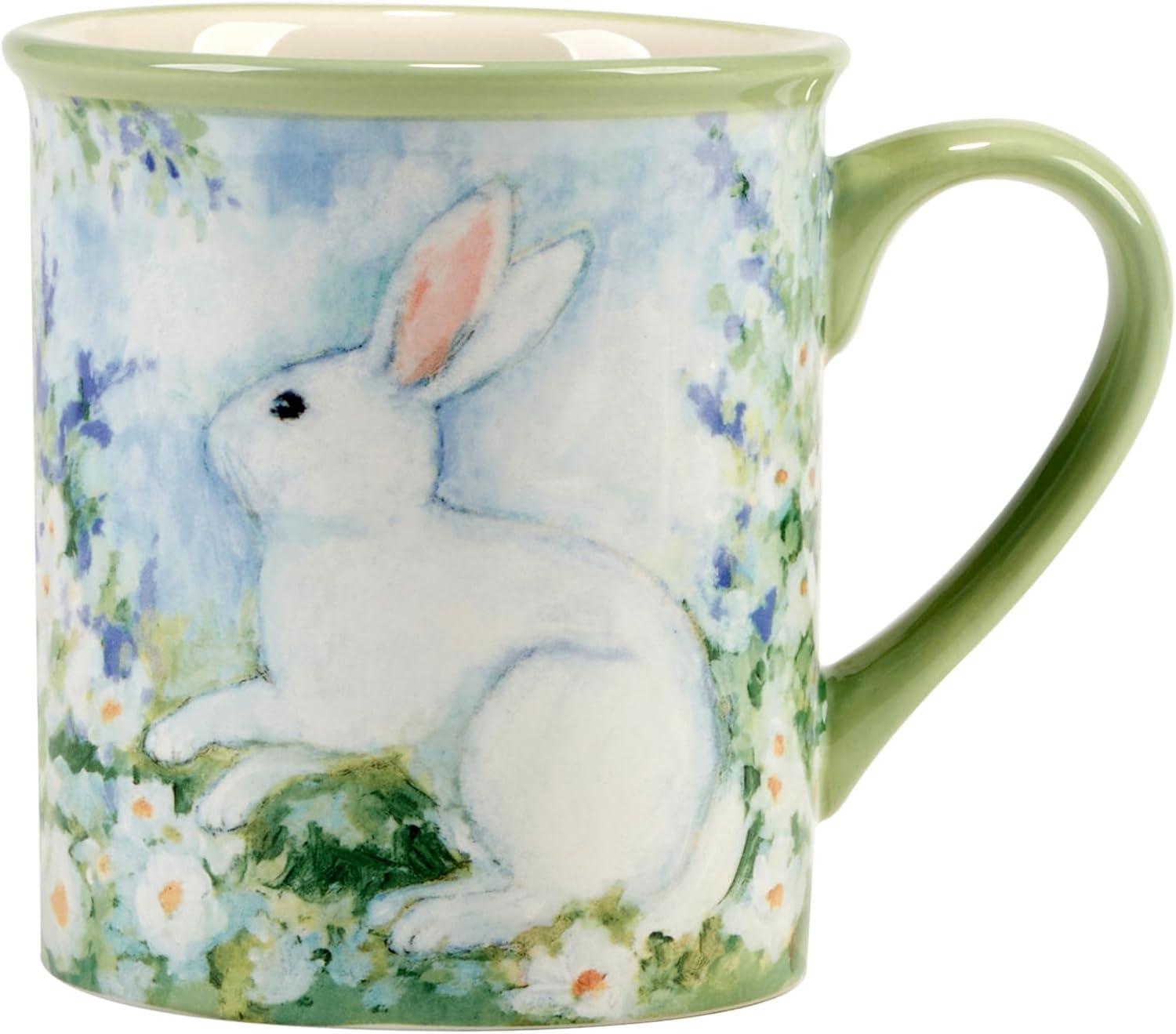 Springtime Bunny Blue Ceramic 18 oz Mugs, Set of 4