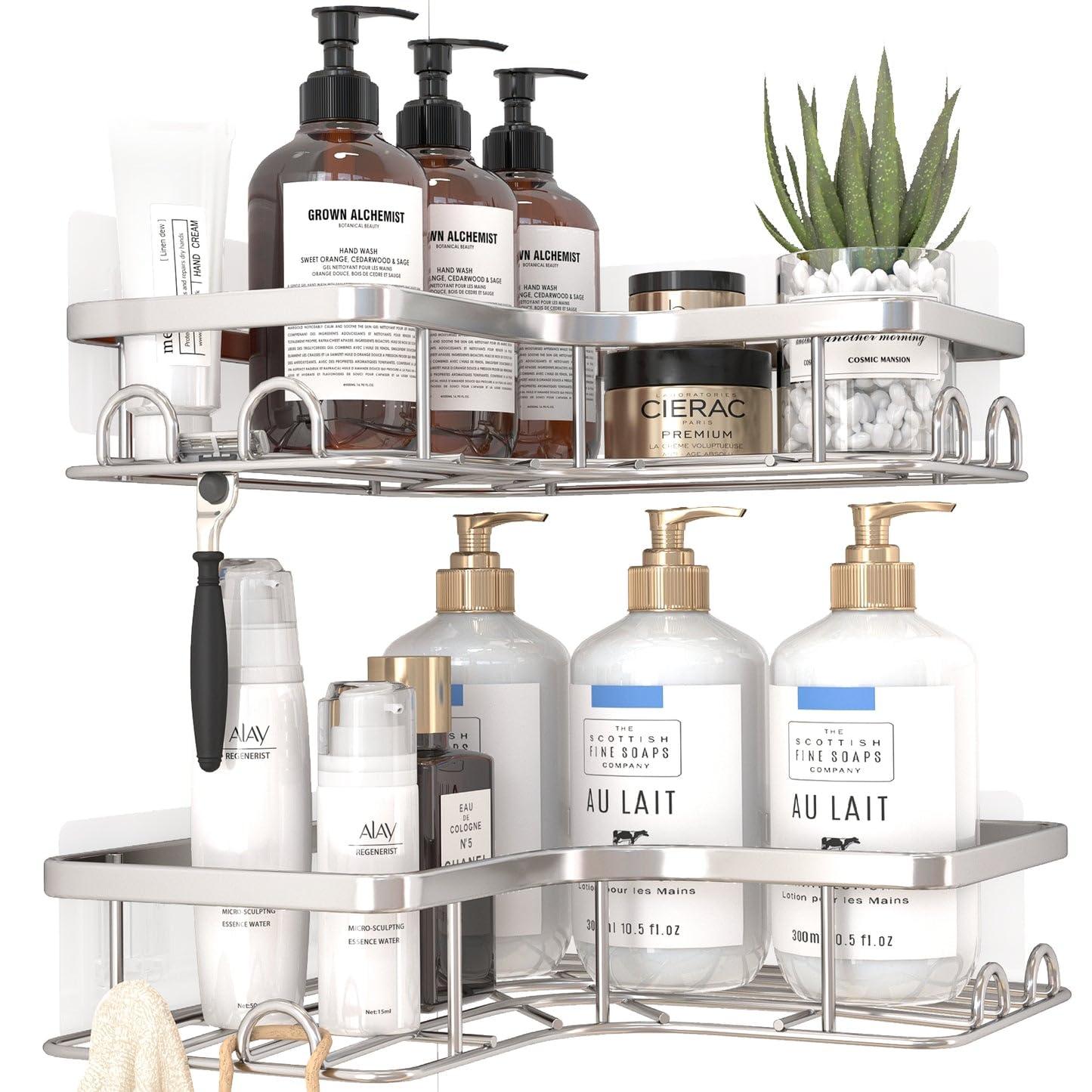 Corner Shower Caddy - 2 Pack, Adhesive Shower Organizers, Rustproof Stainless Steel Shower Shelves with 8 Hooks, No Drilling Bathroom Organizers and Storage Racks, Space-Saving, Silver, Medium