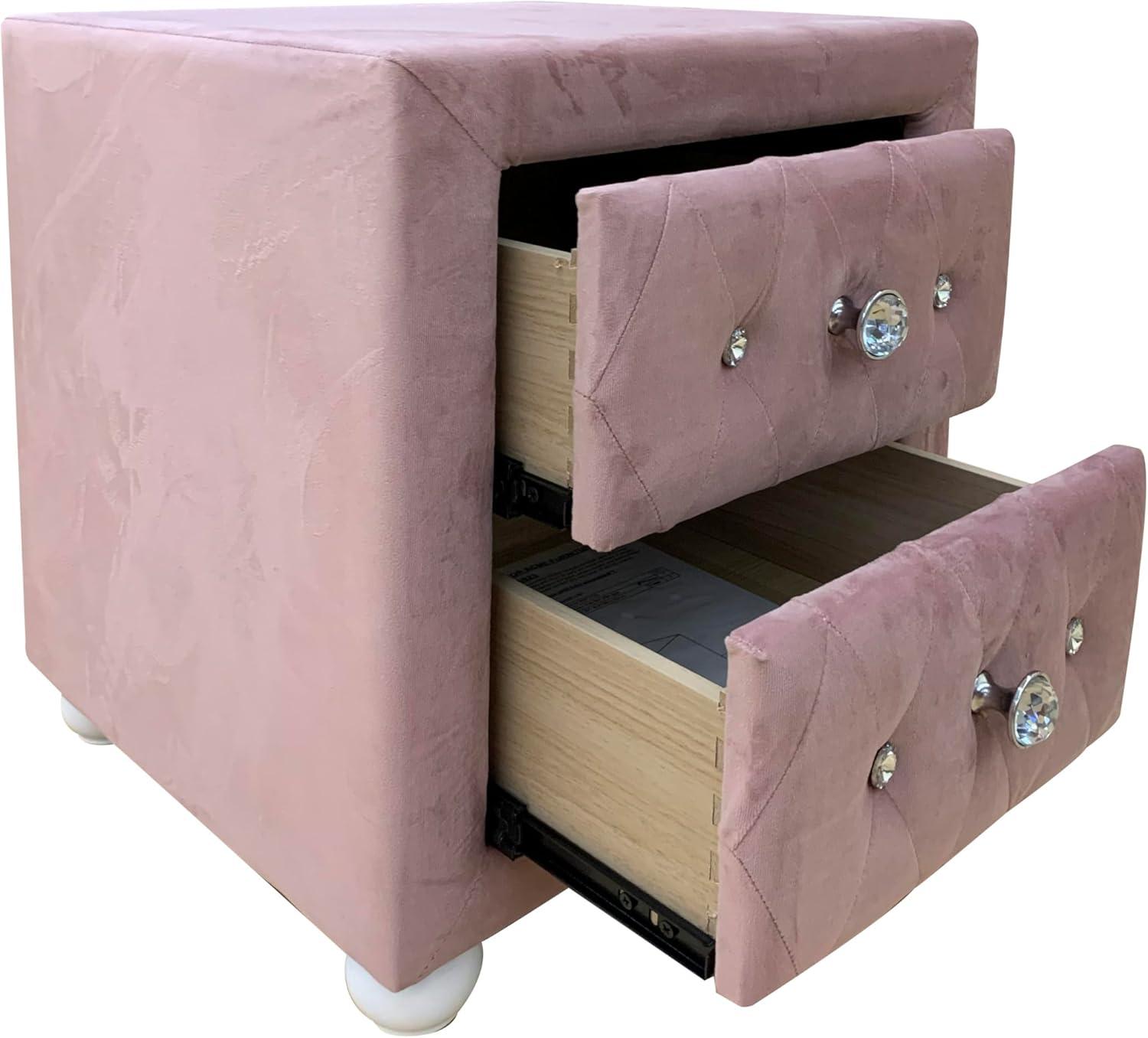 17" Reggie Nightstand Pink Fabric - Acme Furniture: Crystal-like Detail, Wood Bun Legs, Safety Stop Drawer