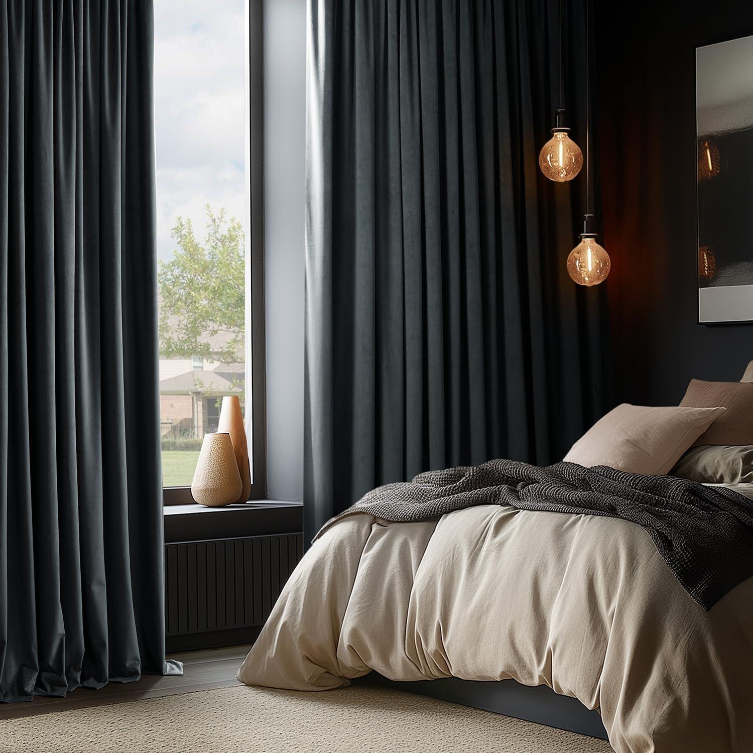 Half Price Drapes Signature Blue Grey Velvet Blackout Curtains For Bedroom(1 Panel), 50WX 96L