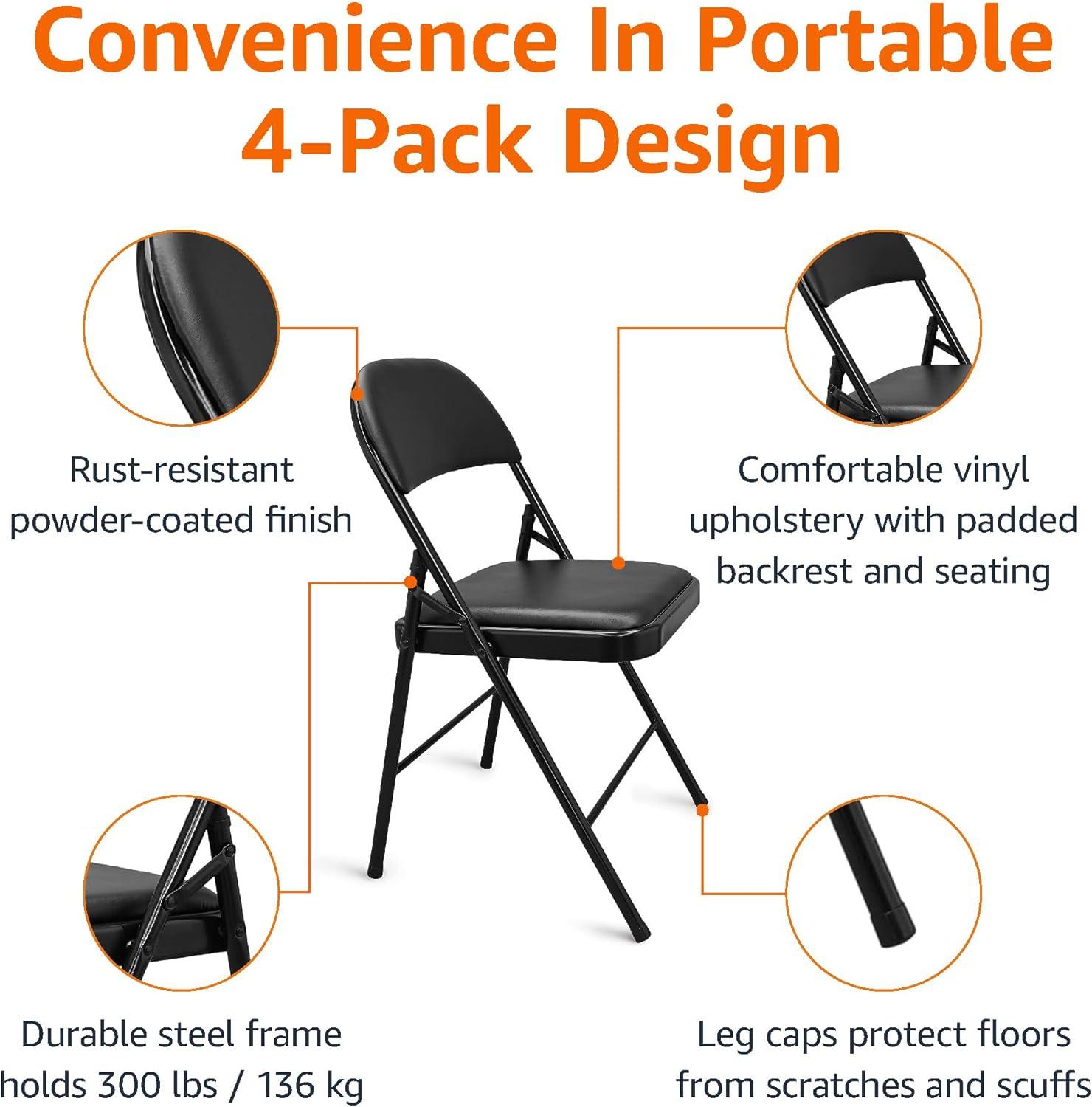 VENI 4-Pack Vinyl-Padded 30" Metal Folding Steel Chairs  Adult Foldable Chair 4 Pack, Black