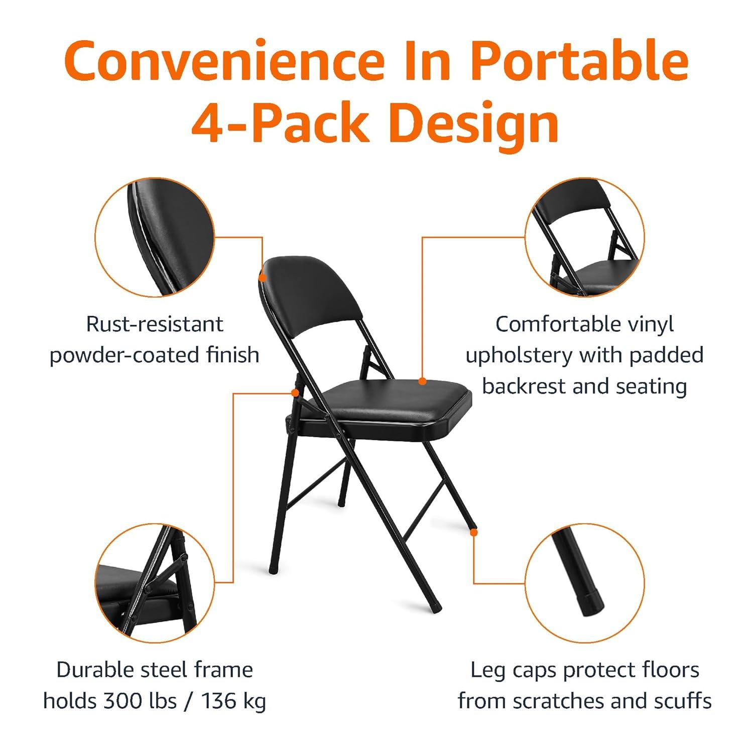VENI 4-Pack Vinyl-Padded 30" Metal Folding Steel Chairs  Adult Foldable Chair 4 Pack, Black