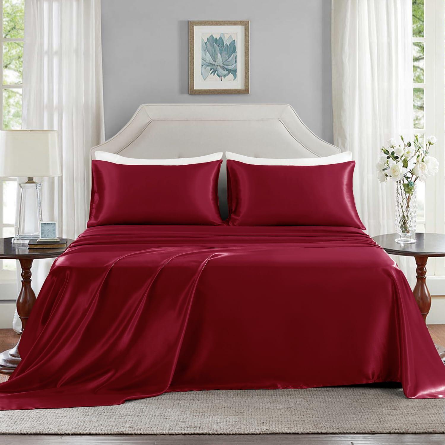 Cloud Fino Luxurious Satin Bed Sheets Burgundy Silk Sheets King 15 " Deep Pocket Pillowcases Sheet, 4-Piece