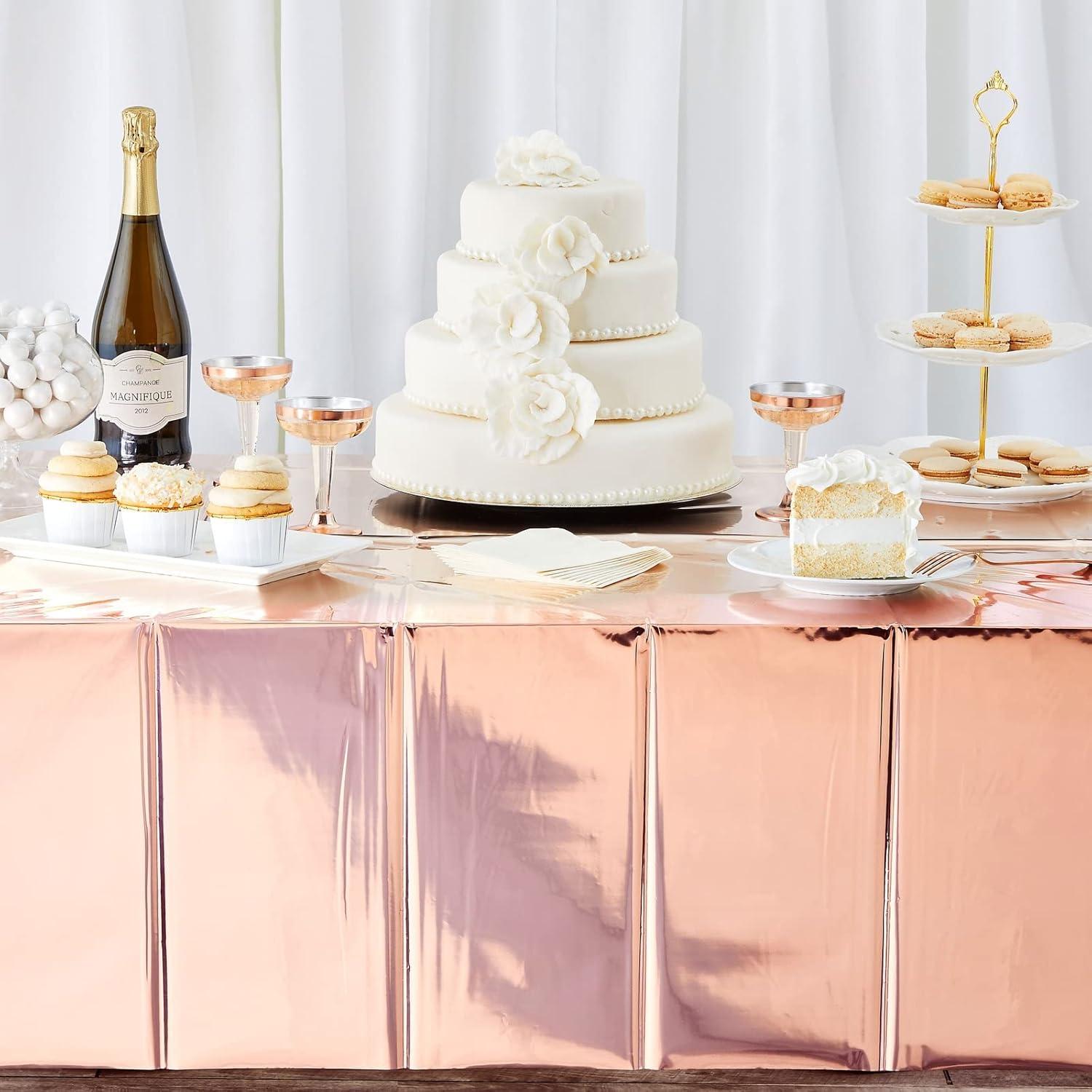 Sparkle and Bash 3 Pack Rose Gold Plastic Tablecloth, Metallic Table Cover Disposable for Pink Birthday Parties, Bridal Shower Decor, 54 x 108 In