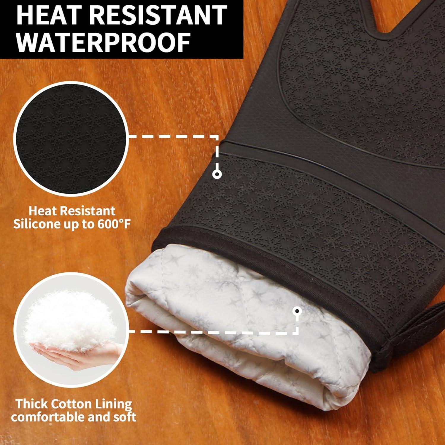 Silicone Oven Mitts, Oven Gloves with Non-Slip Waterproof - 2PCS Black Oven Mittens Heat Resistant 600 Degree, Soft Lining Silicone Oven mits for Cooking Baking Kitchen Mitten