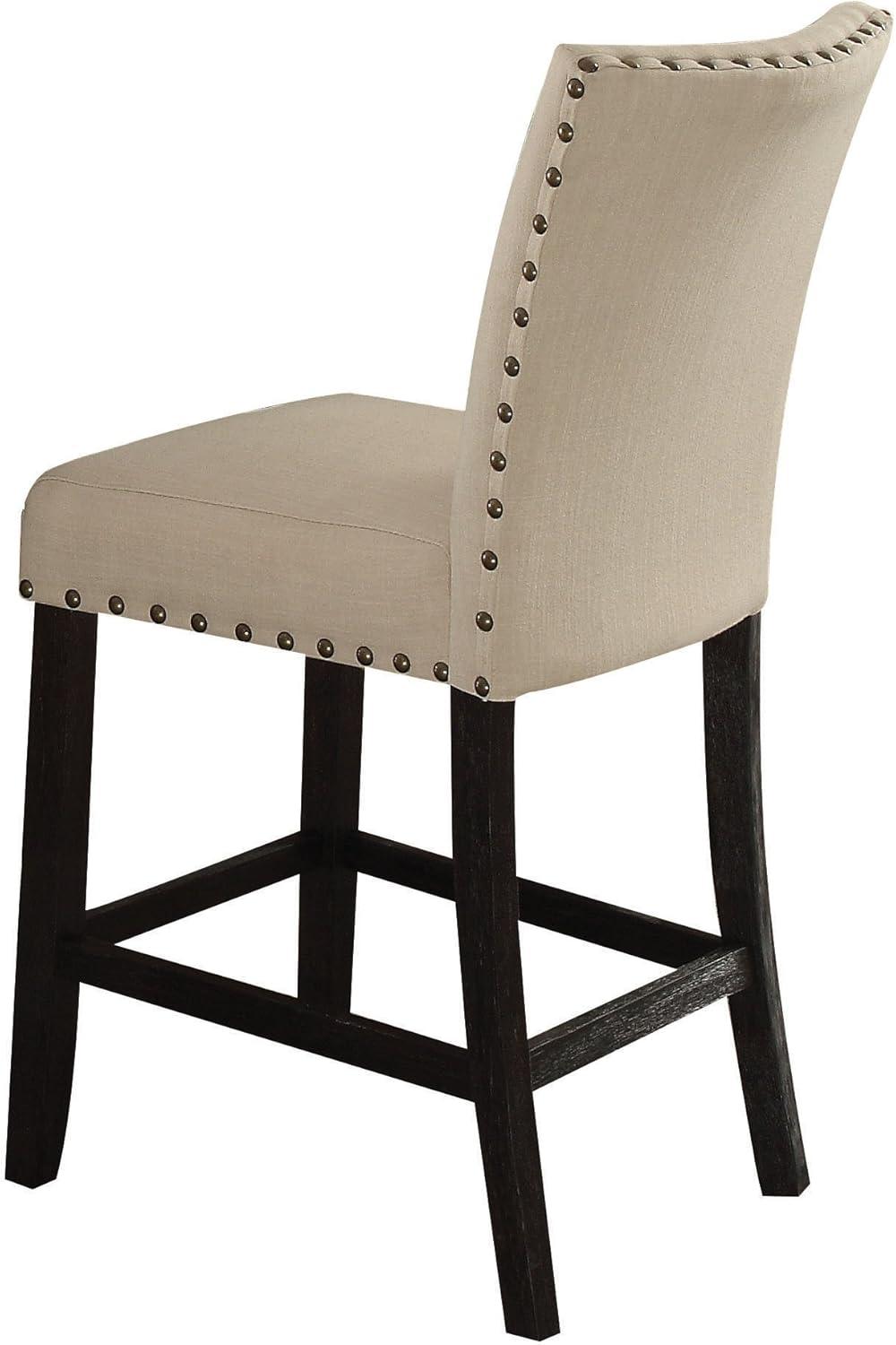 25" Nolan Counter and Bar Stools Beige Linen & Salvage Dark Oak Finish - Acme Furniture: Padded Seat, Nailhead Trim, Metal Frame